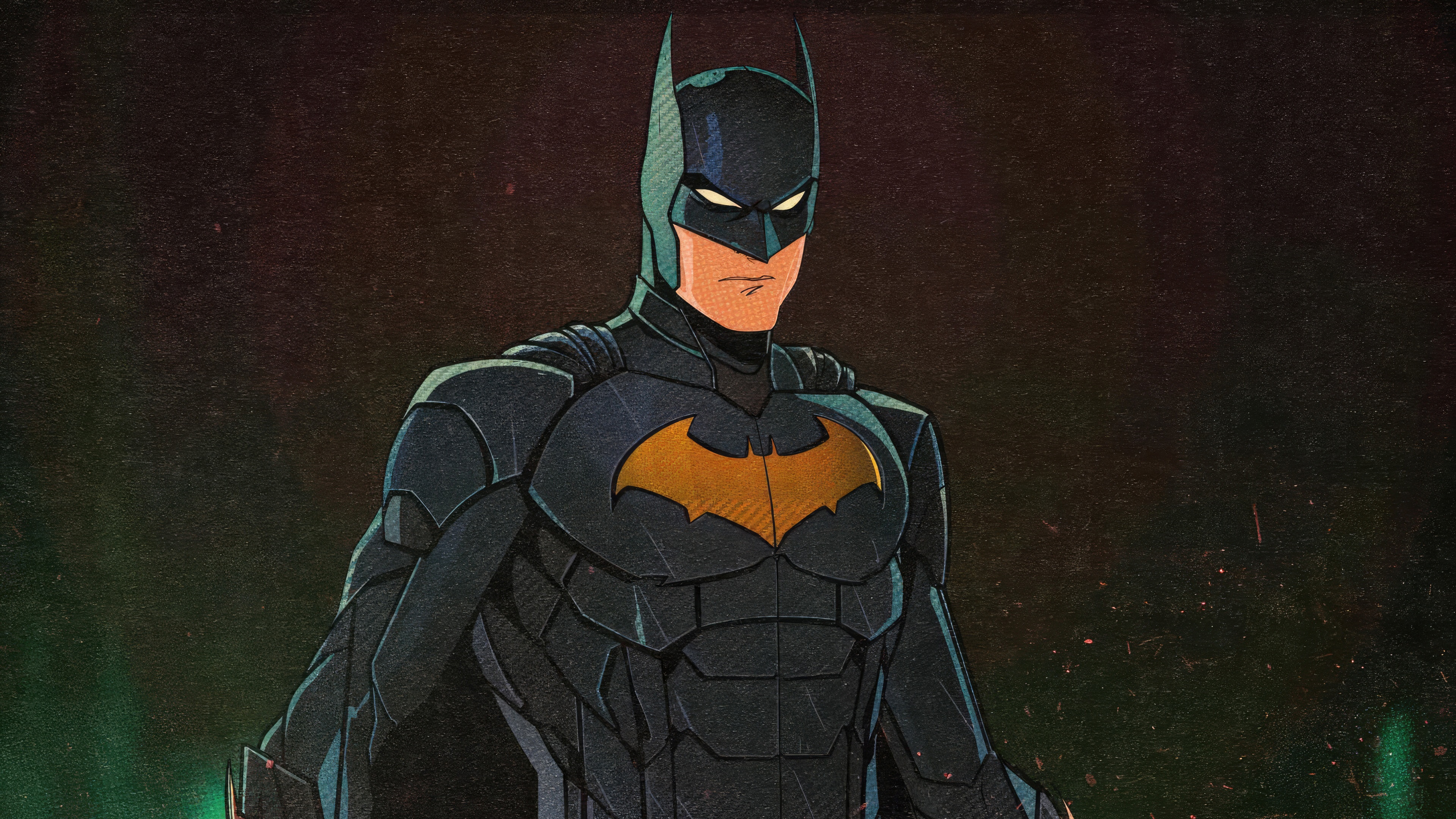 Batman in a dark armored suit with a yellow bat symbol HD Wallpaper