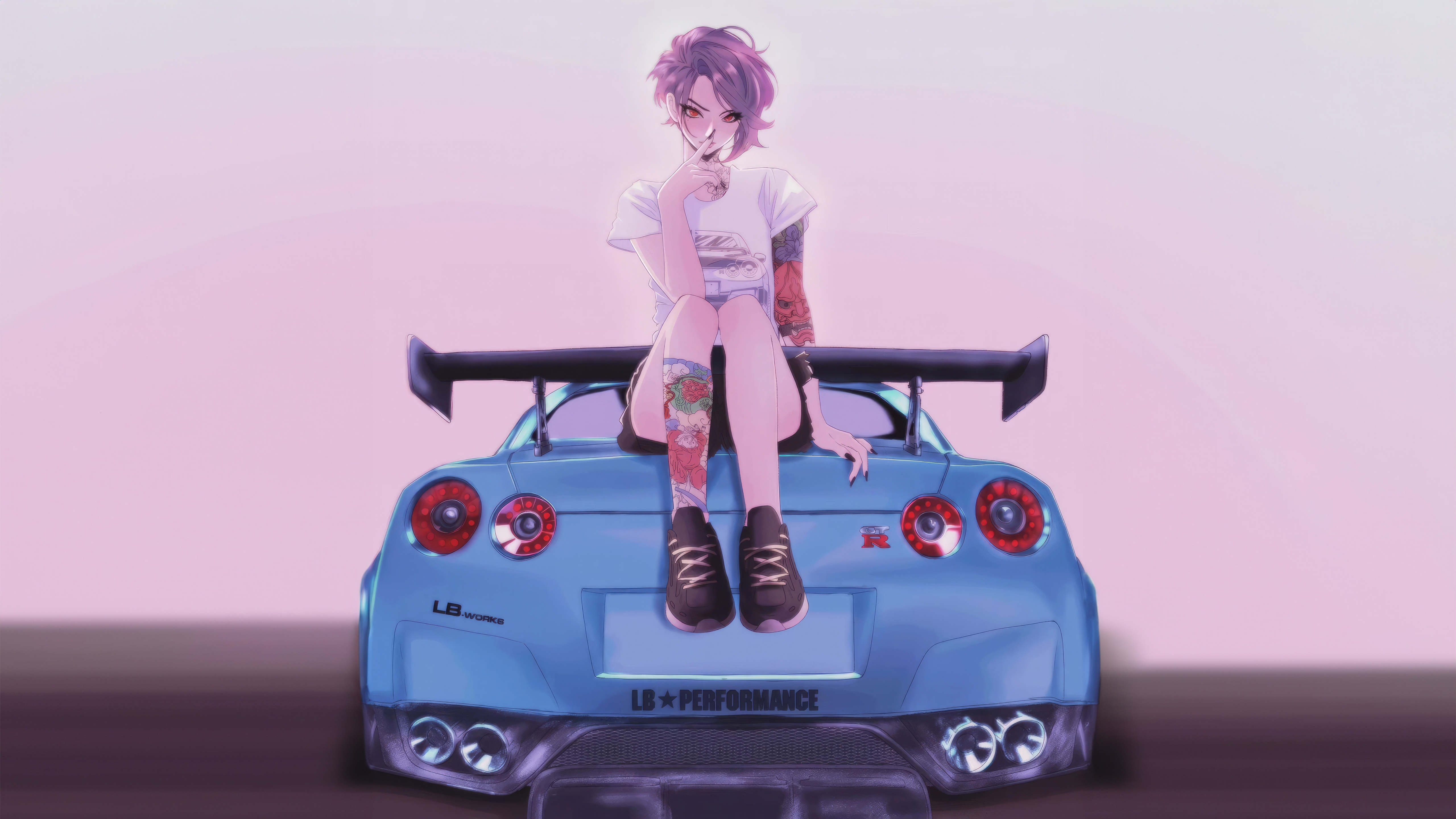 Anime girl sitting on a blue Nissan GTR HD Wallpaper