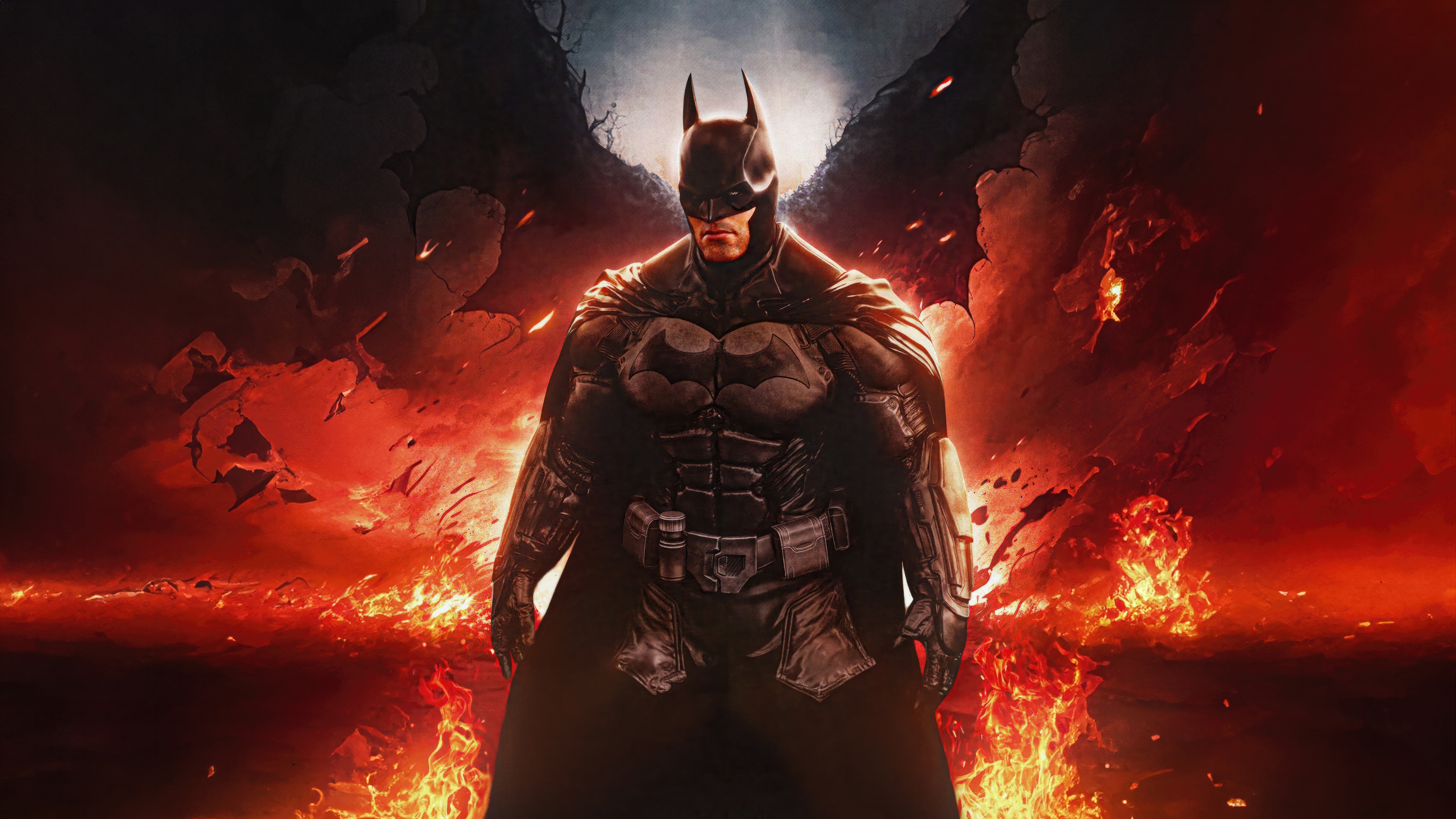 Batman standing in front of a fiery background HD Wallpaper