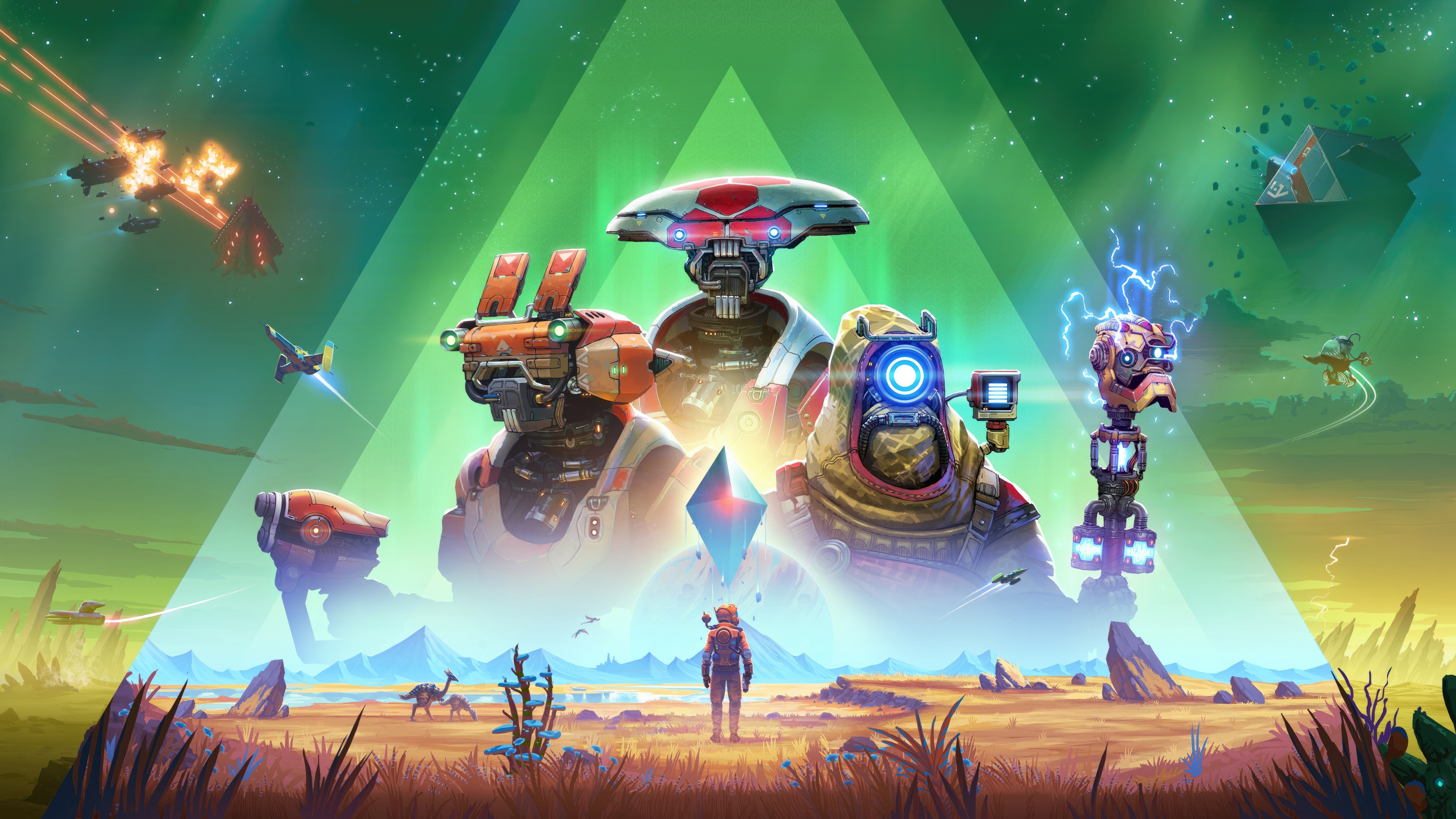 No Man's Sky Robots and Explorer on Alien Planet HD Wallpaper
