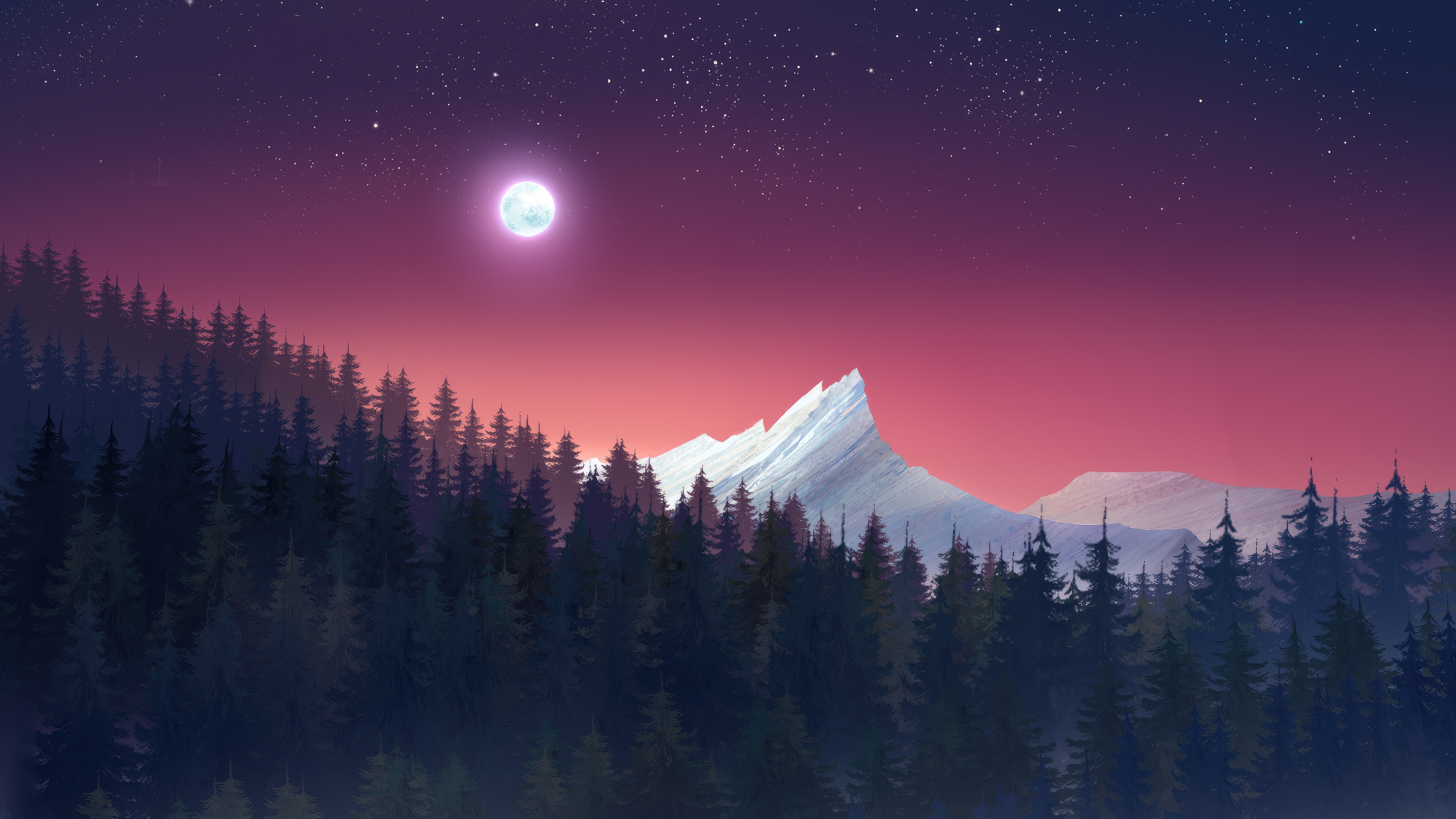 Minimalist mountain landscape at sunrise with moon HD Wallpaper