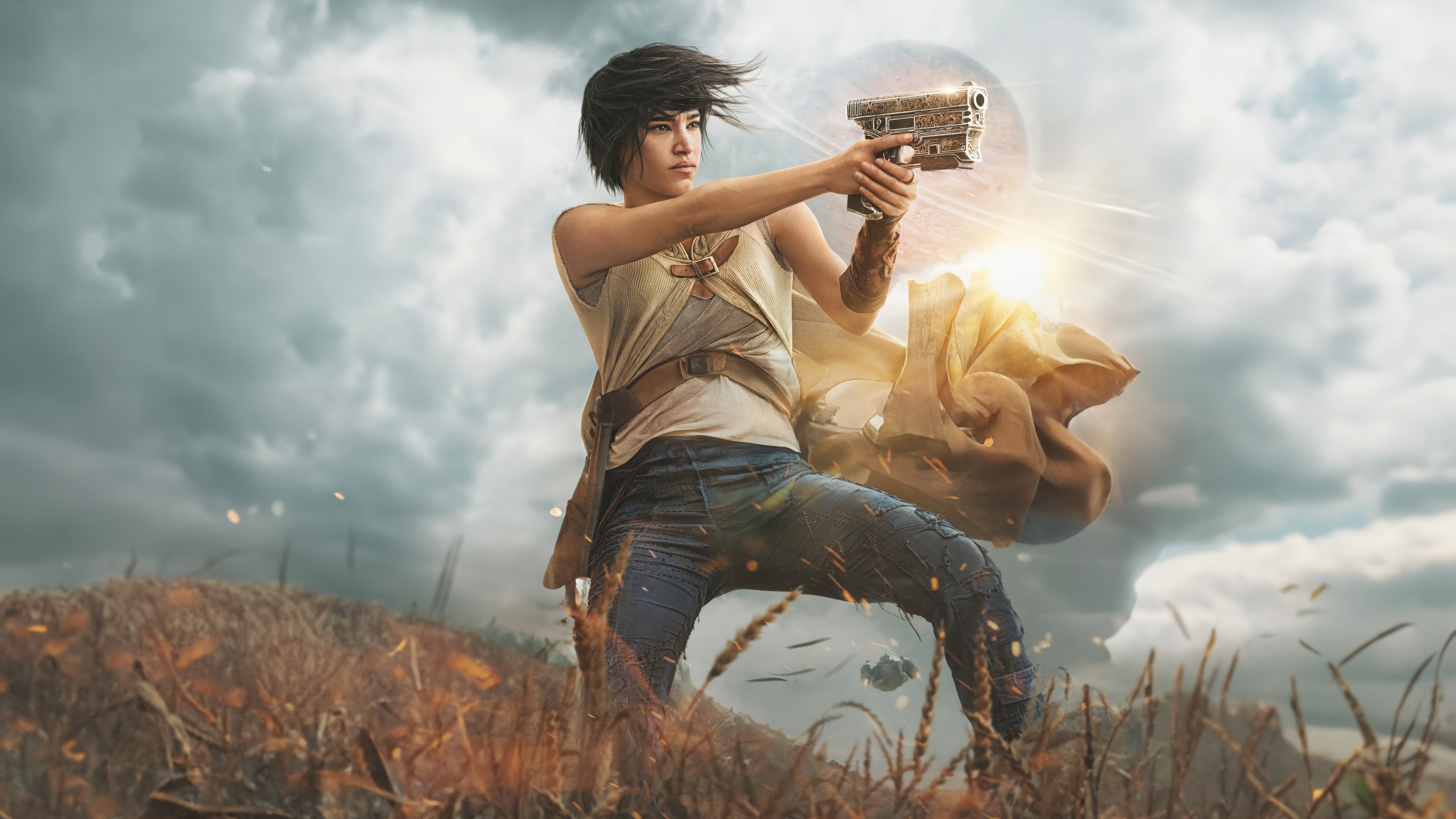 Kora from Rebel Moon firing a futuristic gun HD Wallpaper