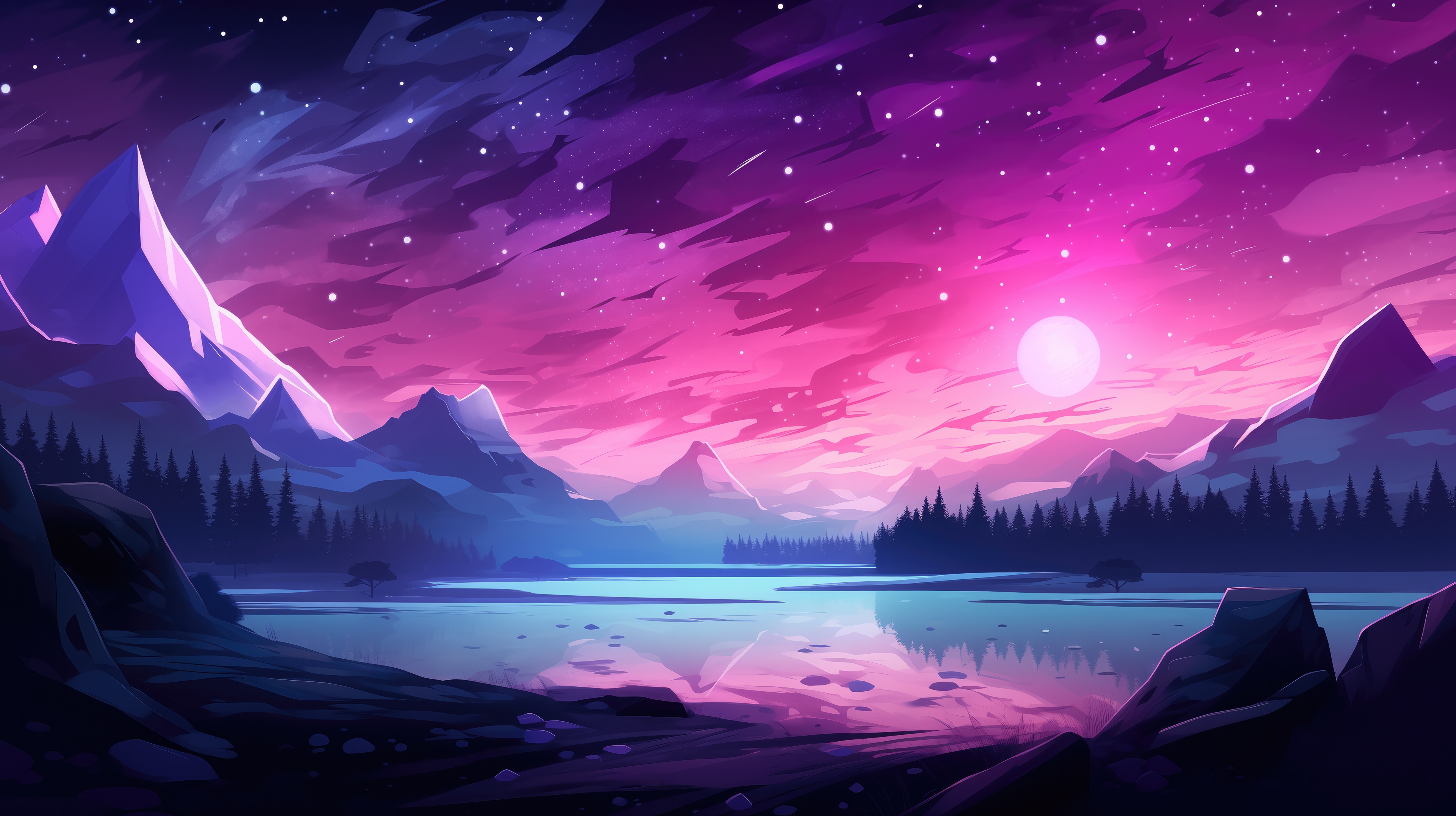 Minimalist Mountains and Lake Under a Starry Sky HD Wallpaper
