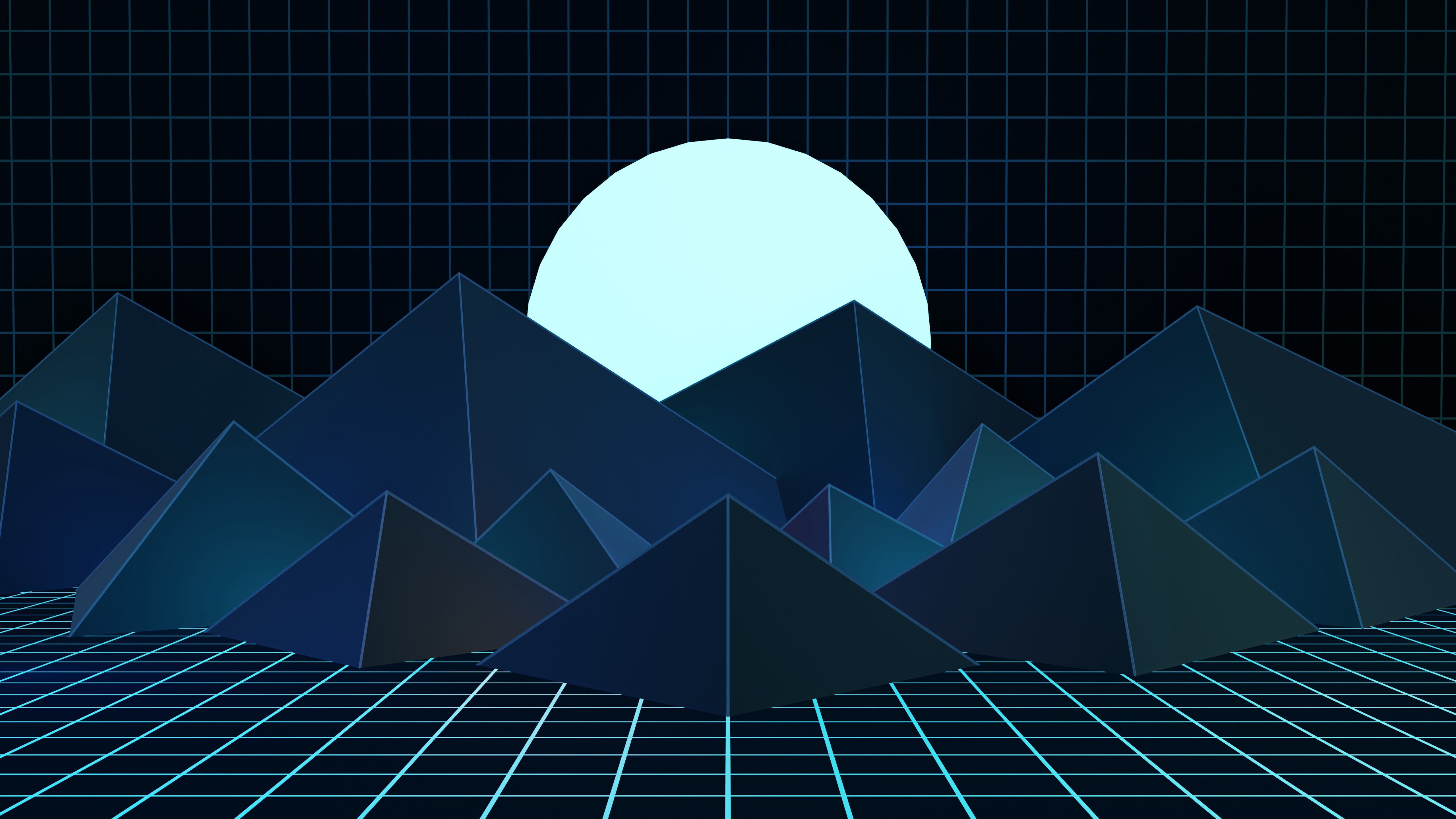 Neo Valley Night Landscape with Geometric Mountains and Sun HD Wallpaper