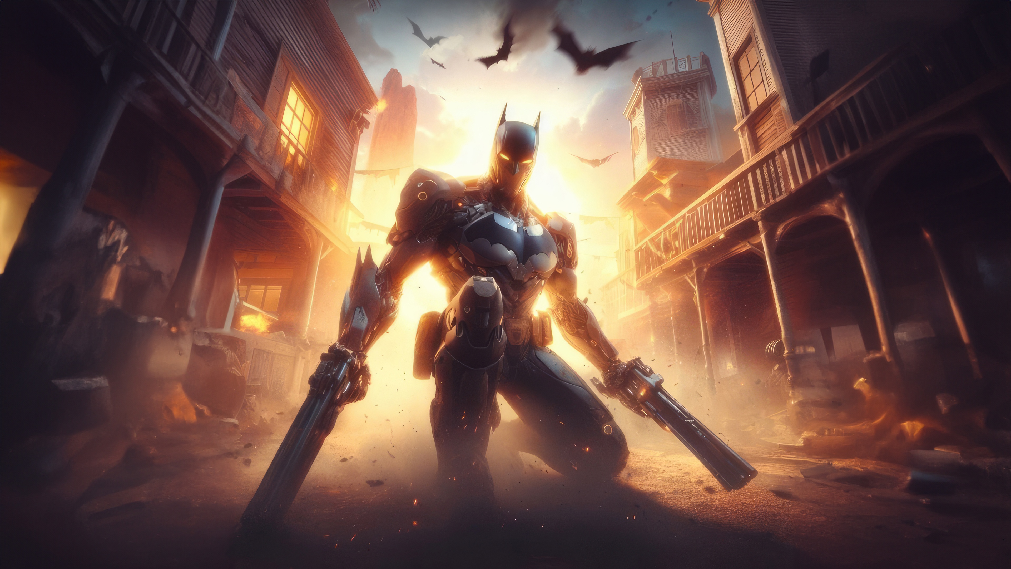 Batman in a Western Town with Guns HD Wallpaper