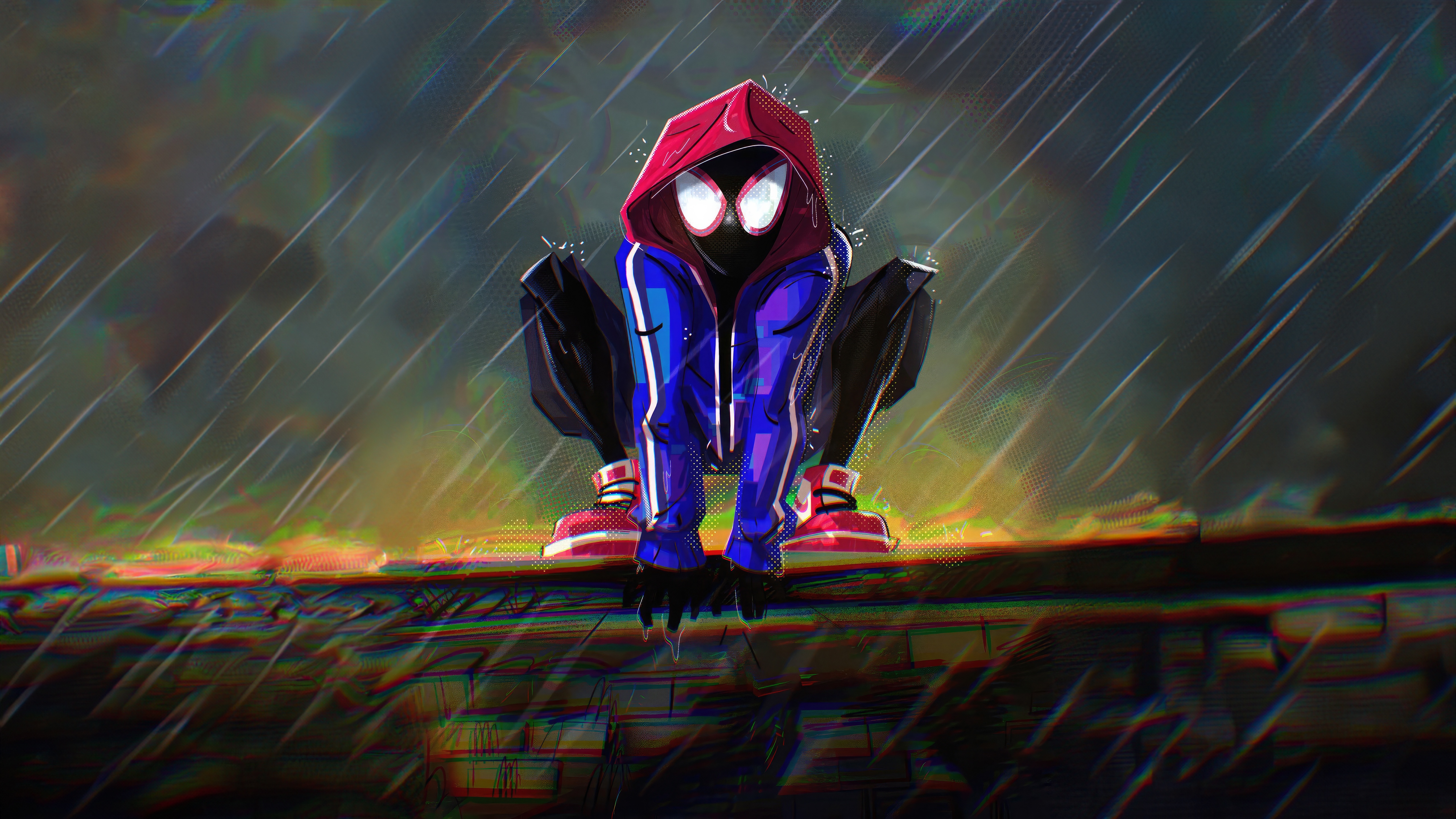 Spider-Man crouching on a ledge in the rain HD Wallpaper