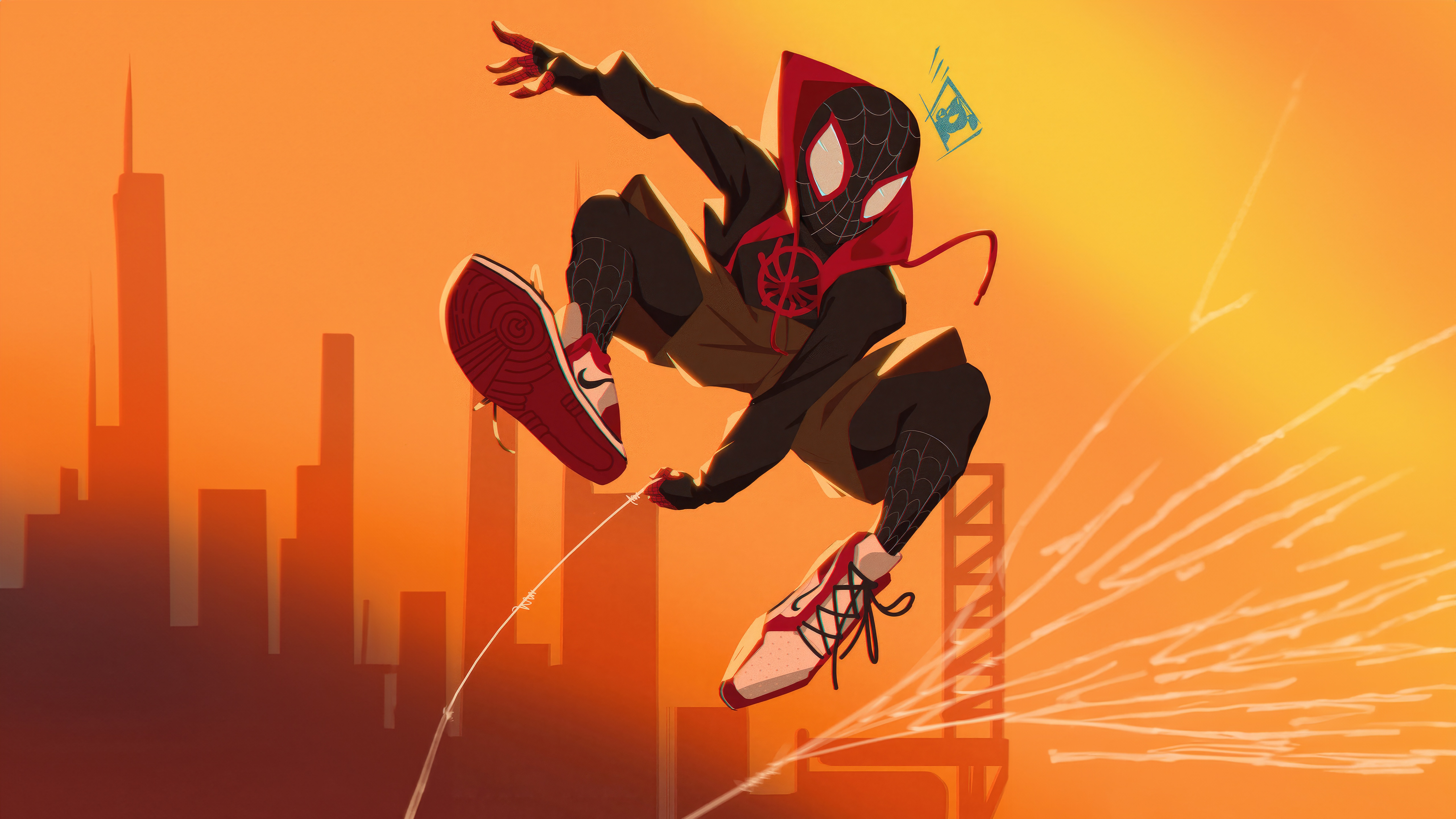 Miles Morales swinging through a city at sunset HD Wallpaper