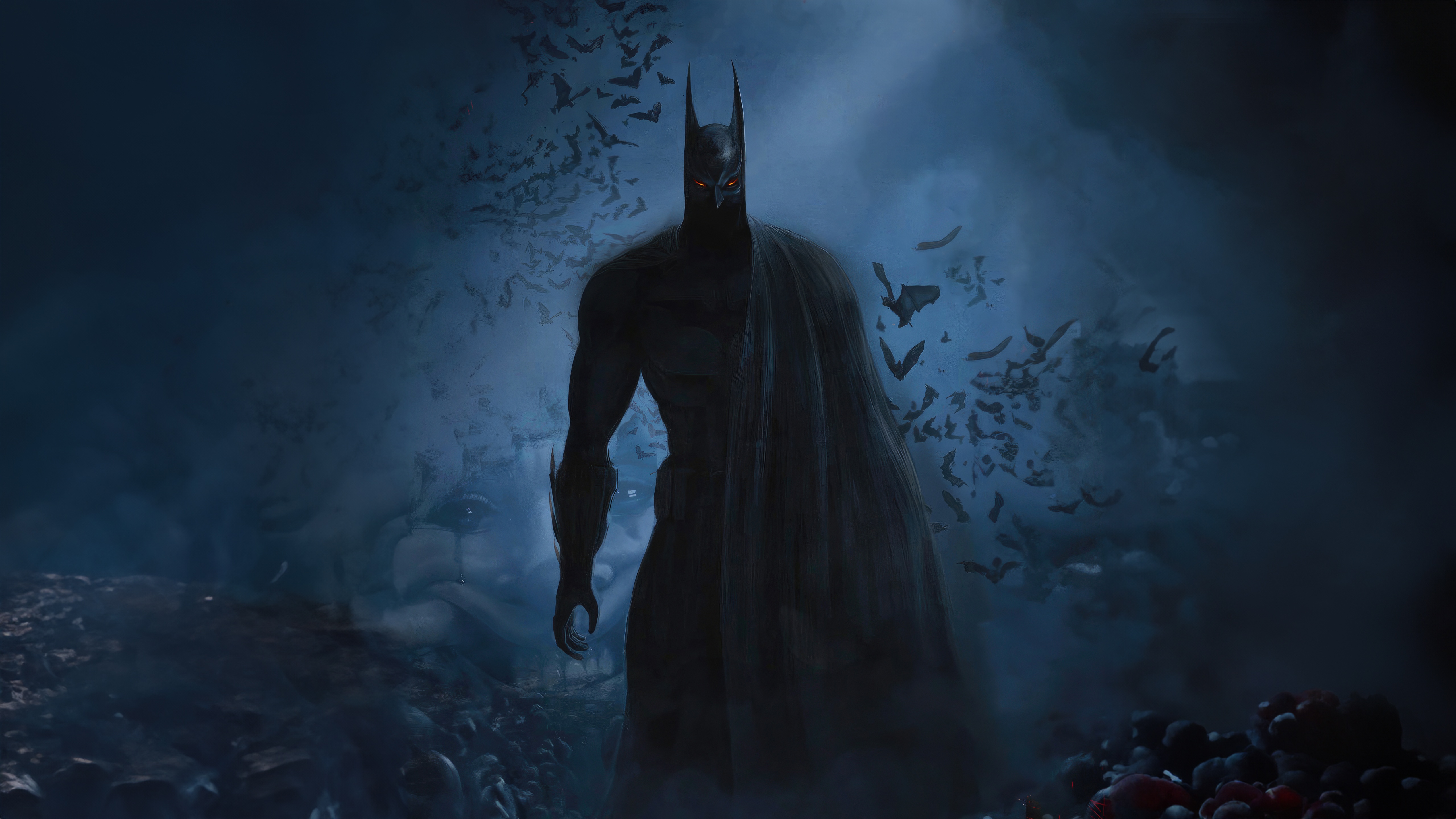 Batman in a dark, misty environment with bats HD Wallpaper