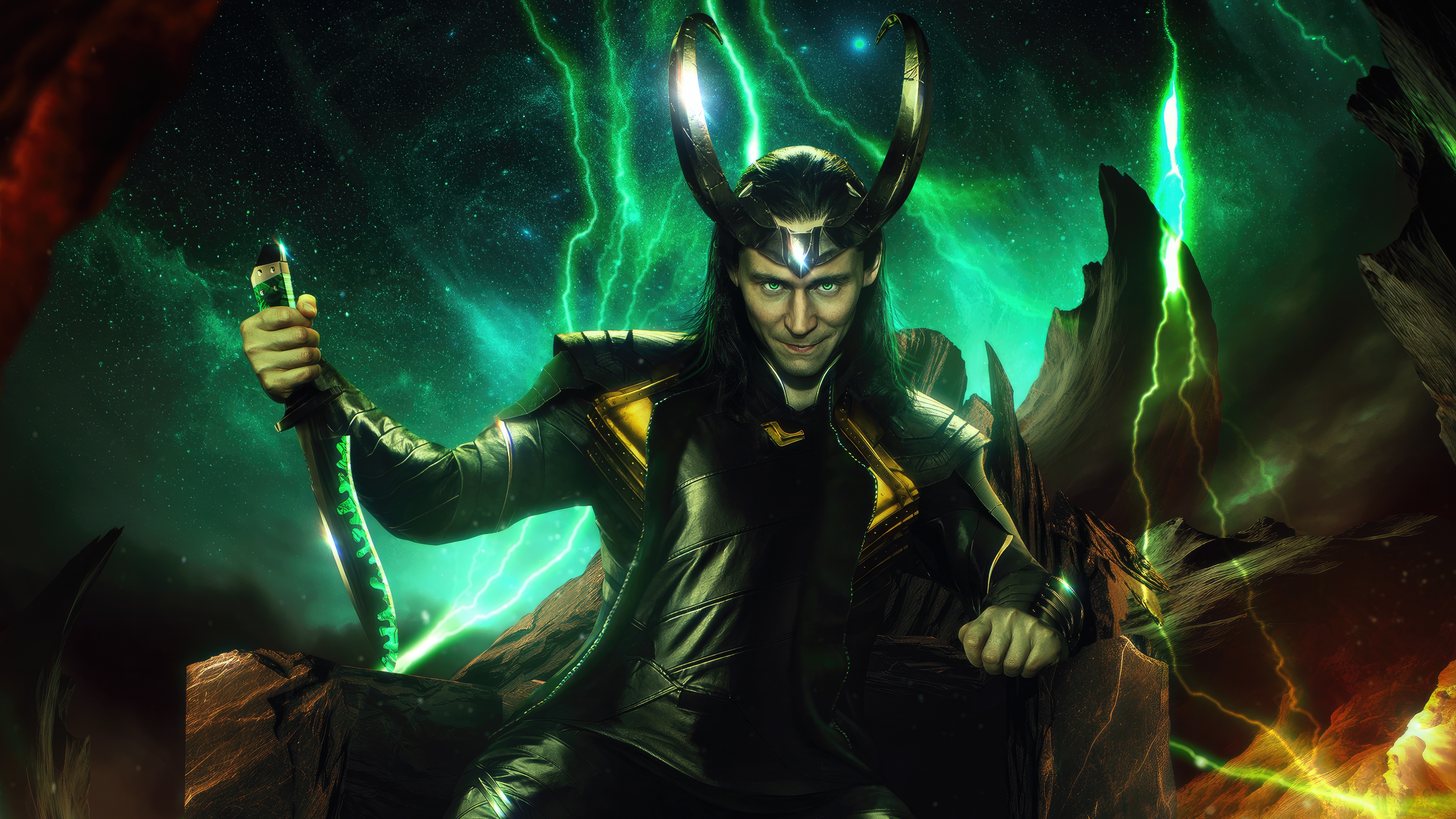 Loki sitting on a throne with a sword HD Wallpaper