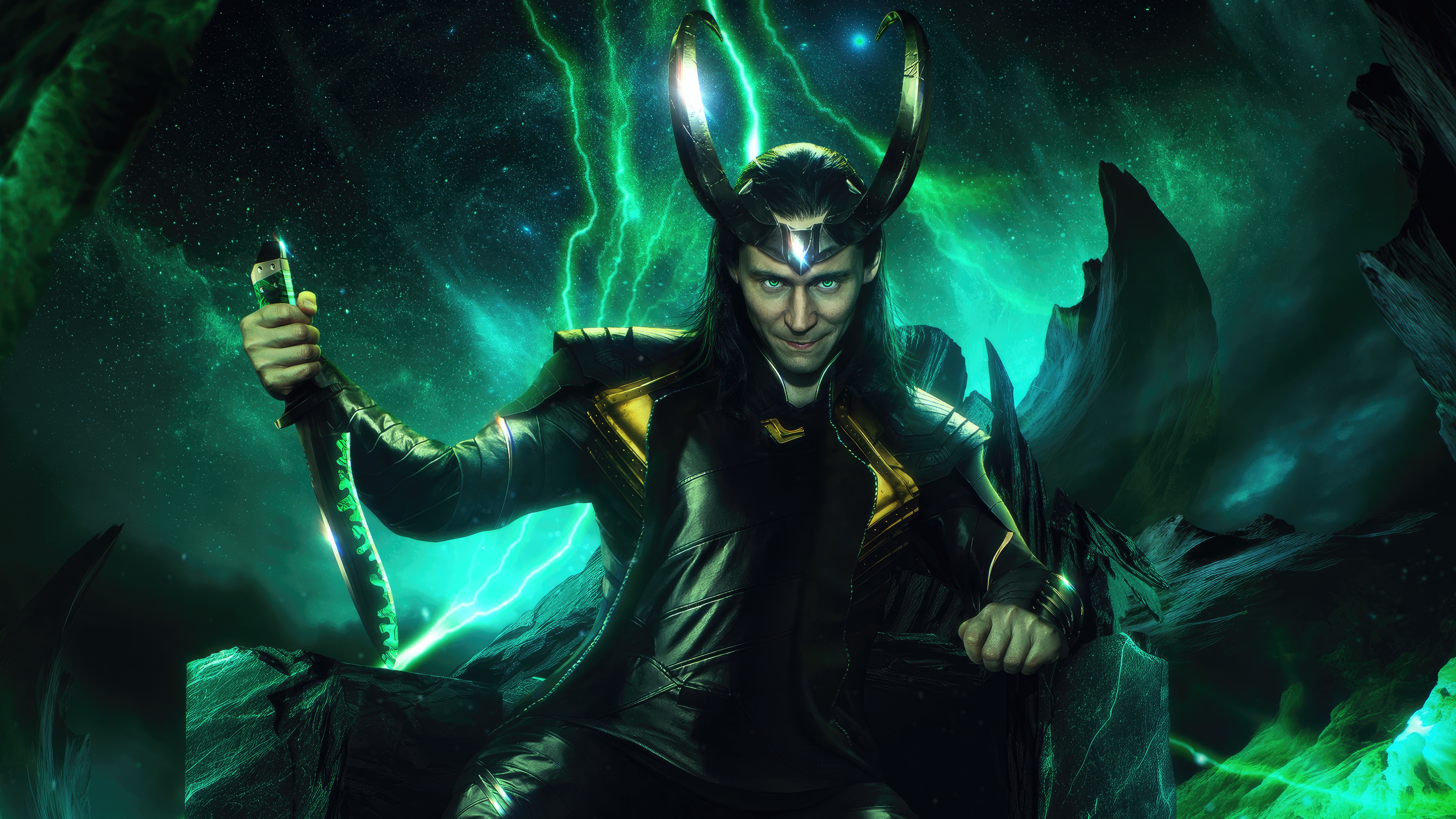 Loki sitting on a throne with a sword HD Wallpaper