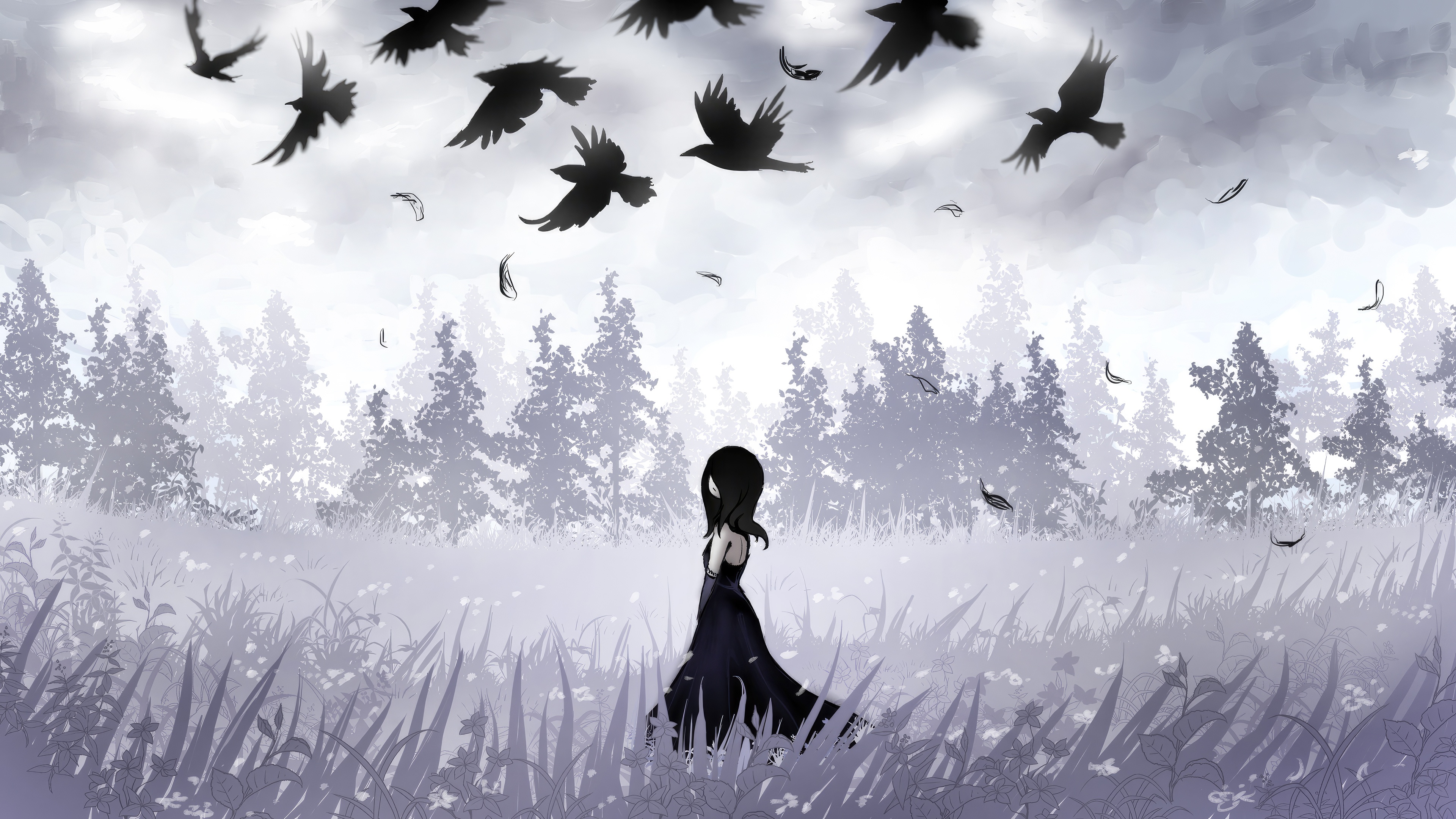 Girl in a dark dress with crows flying overhead HD Wallpaper