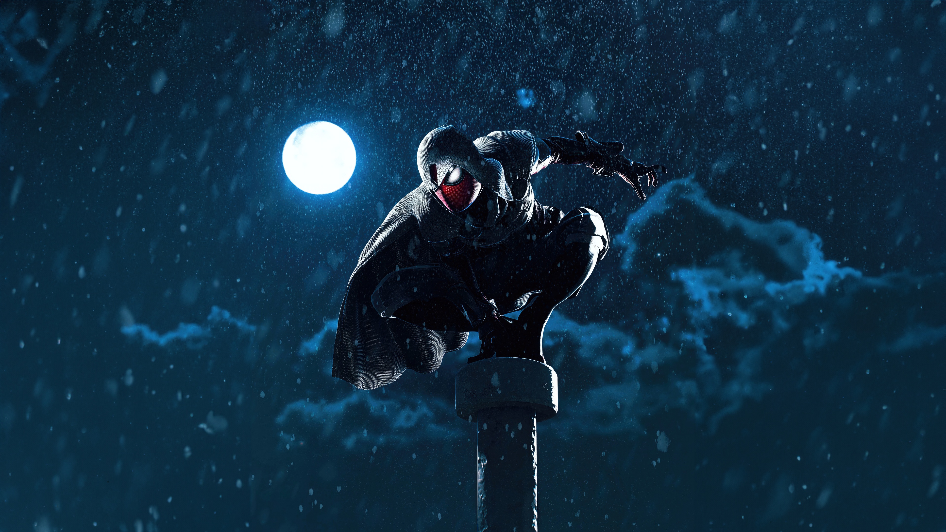 Spider-Man Crouching on a Pillar Under the Moon HD Wallpaper