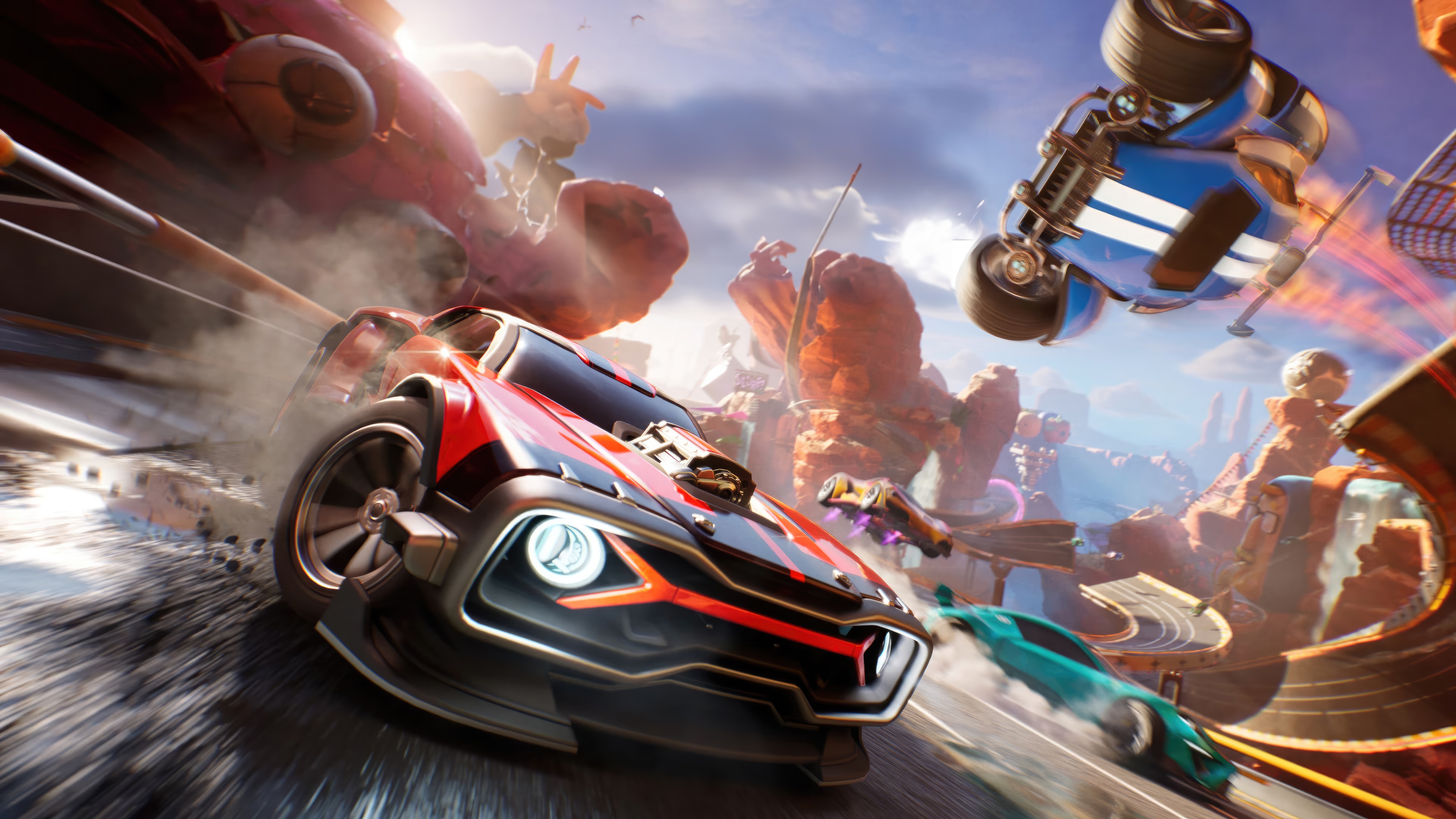 Fortnite Rocket Racing Cars in Desert Arena HD Wallpaper