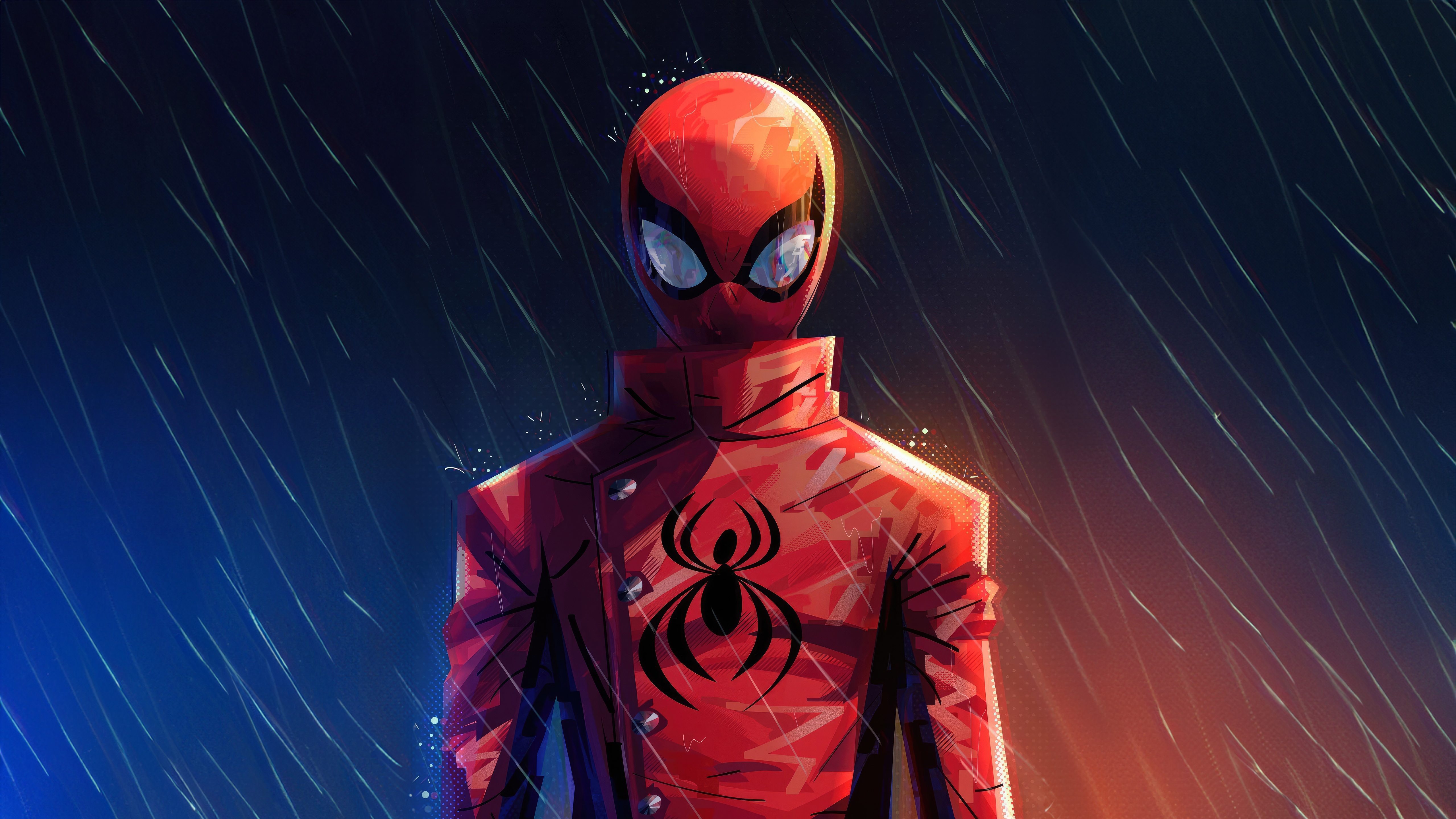 Miles Morales in a red Spider-Man jacket in the rain HD Wallpaper