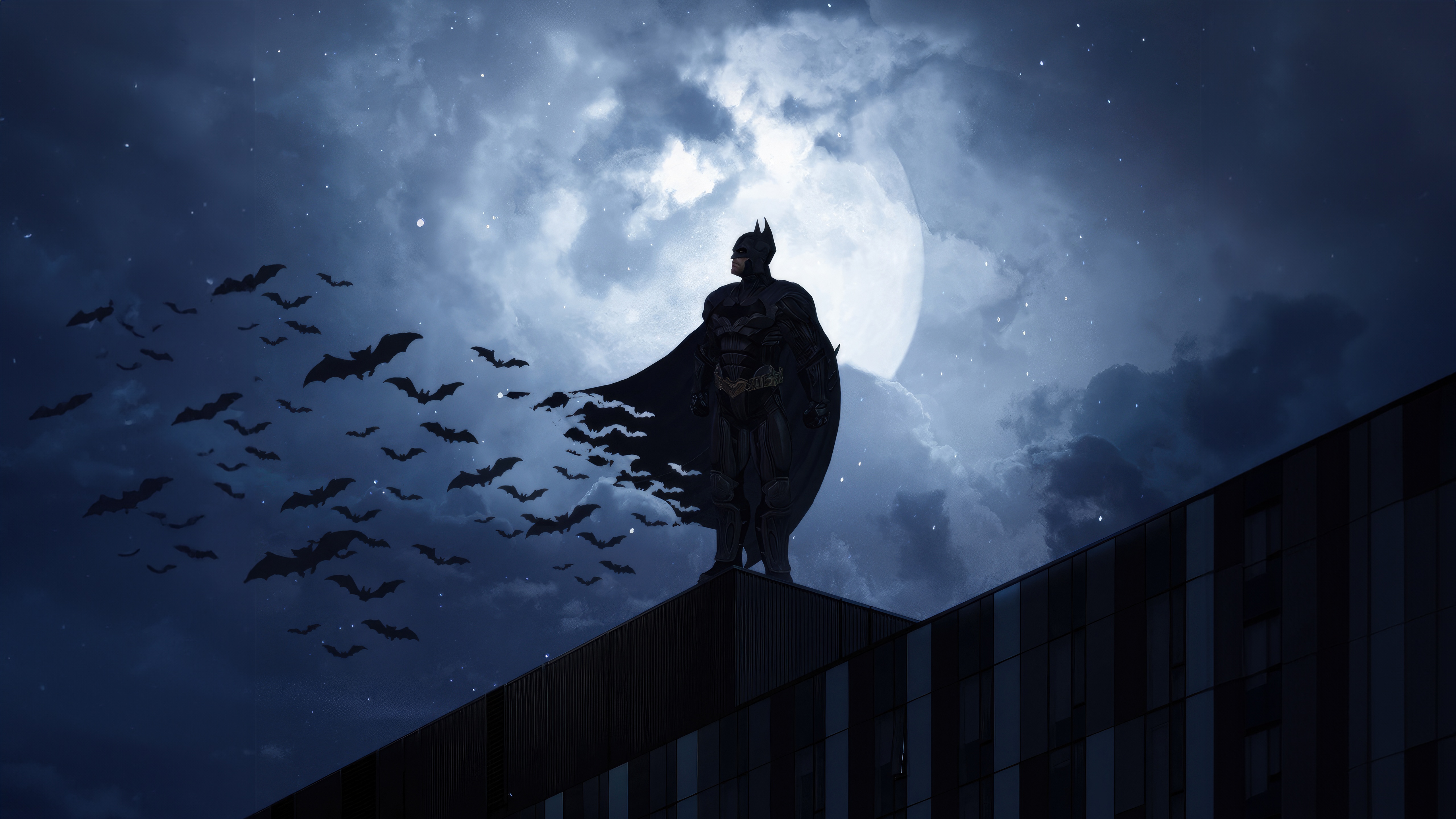 Batman standing on a building with bats flying HD Wallpaper