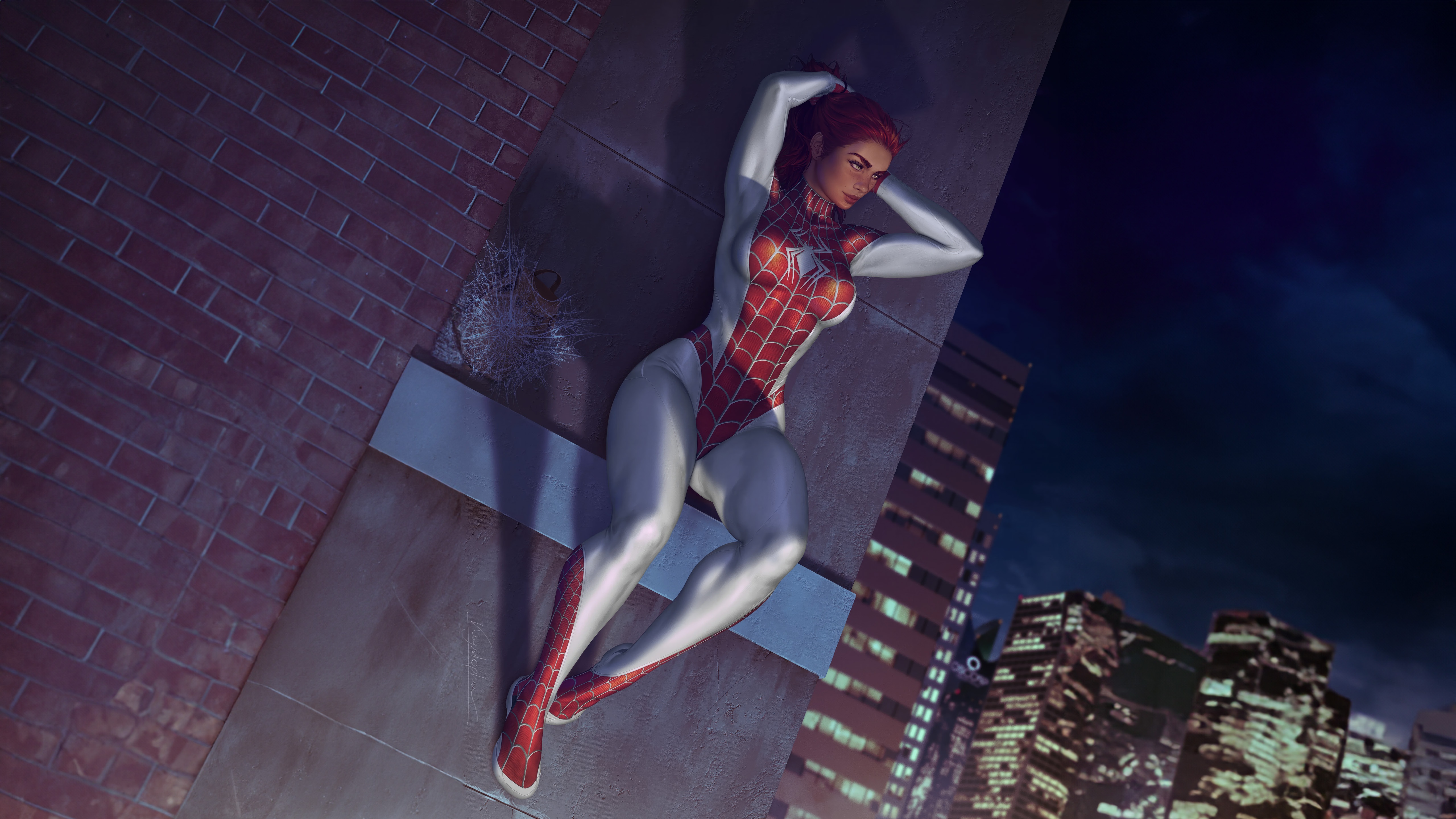 Mary Jane Spidergirl on a rooftop at night HD Wallpaper