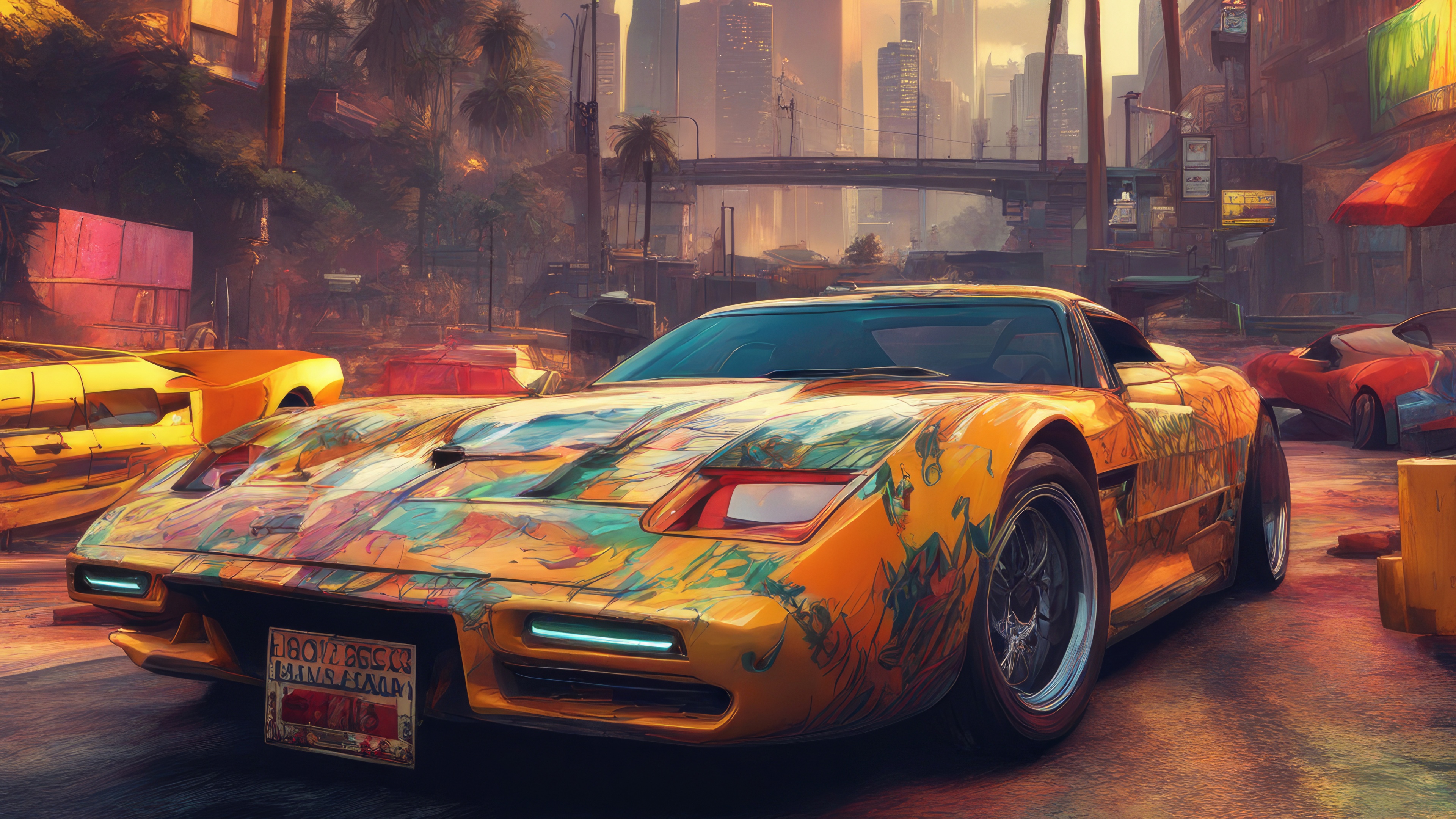 Graffiti-covered sports car in a city HD Wallpaper