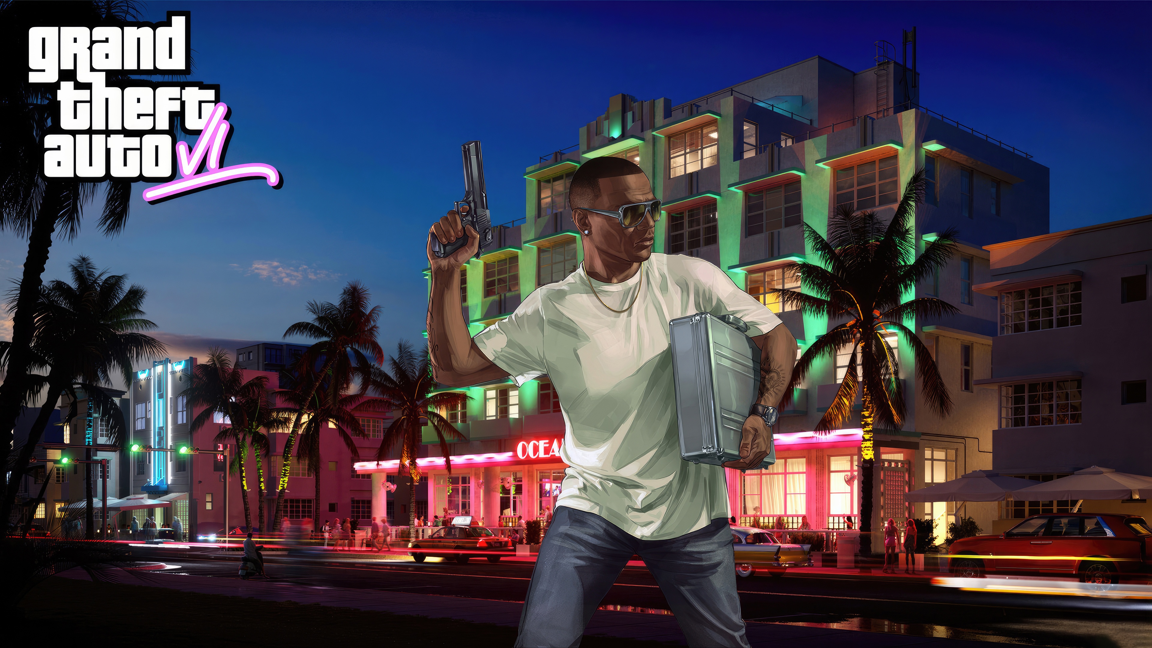 Grand Theft Auto VI Artwork with a Man Holding a Gun and Briefcase HD Wallpaper
