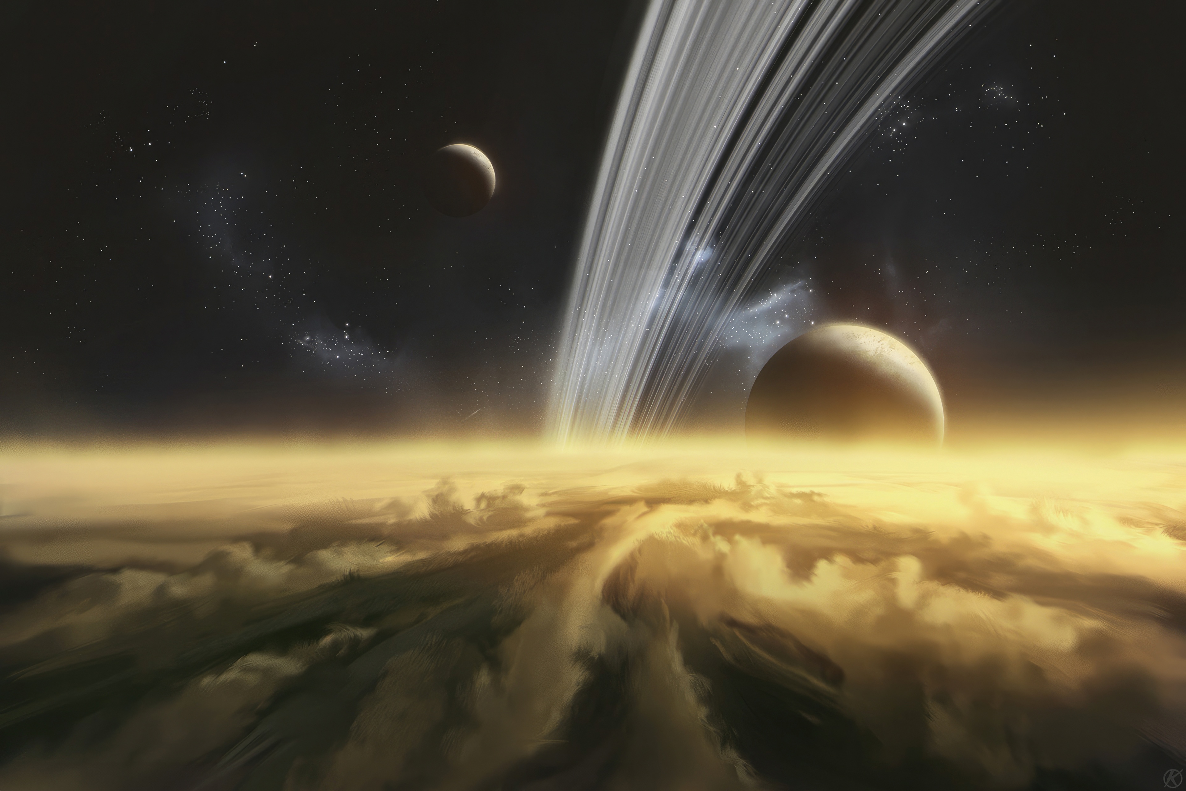 Planet with Rings and Moons Above Clouds HD Wallpaper