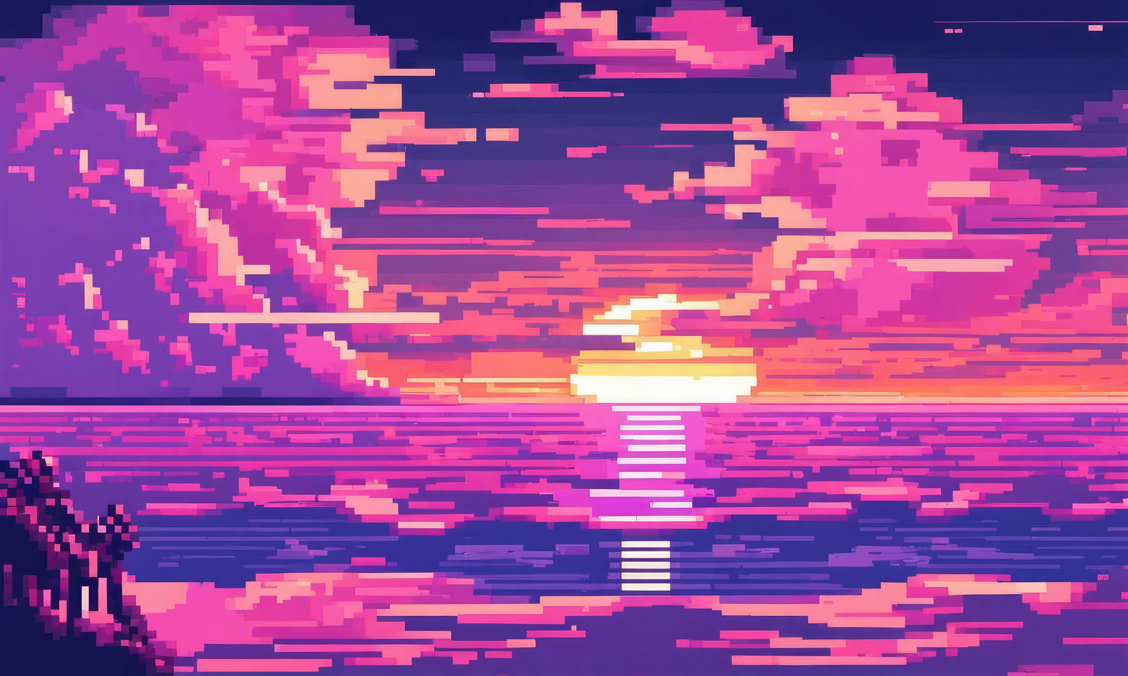 8 Bit Pixel Art Sunset Over Water HD Wallpaper