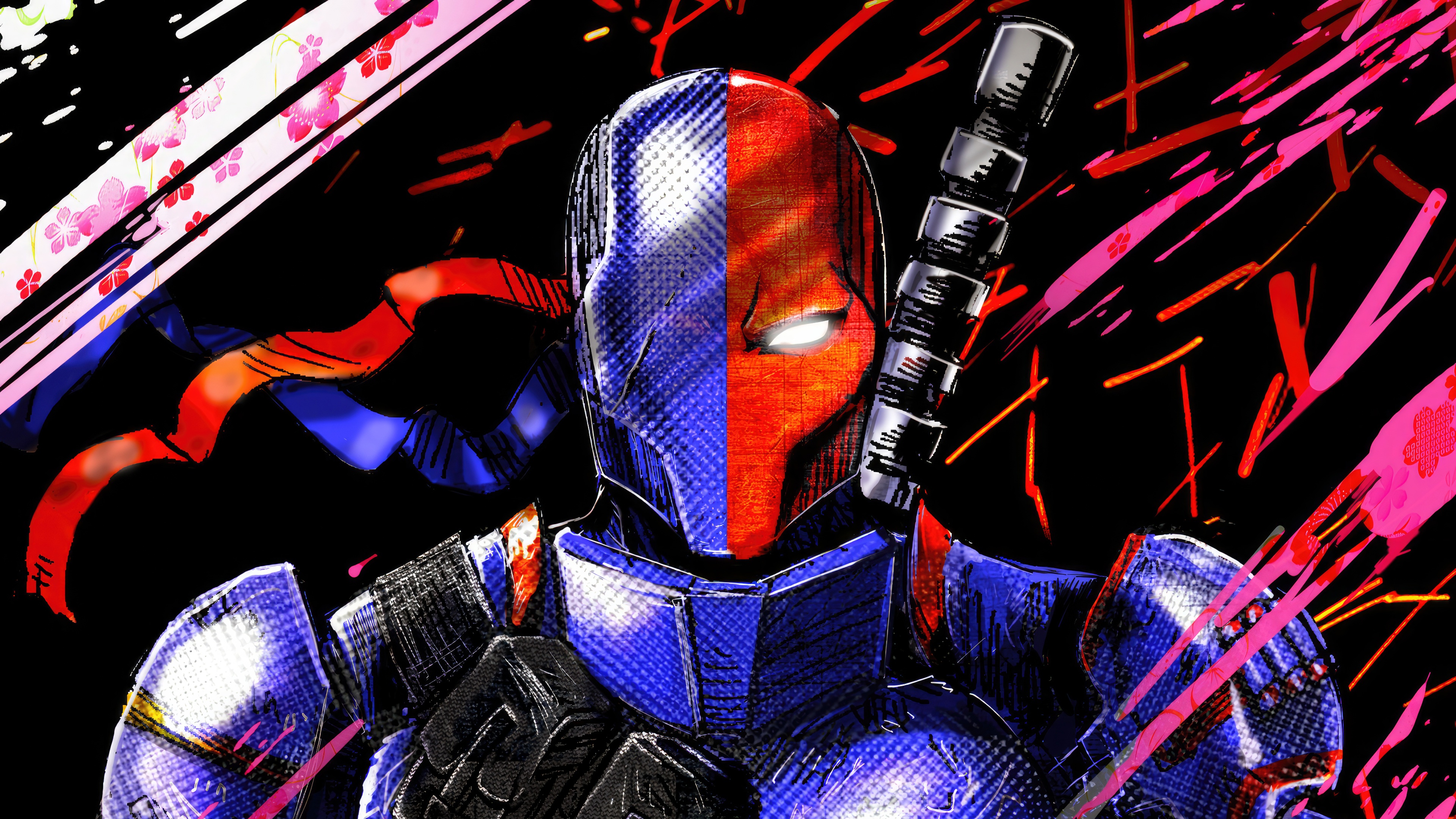 Deathstroke with a split mask and sword HD Wallpaper