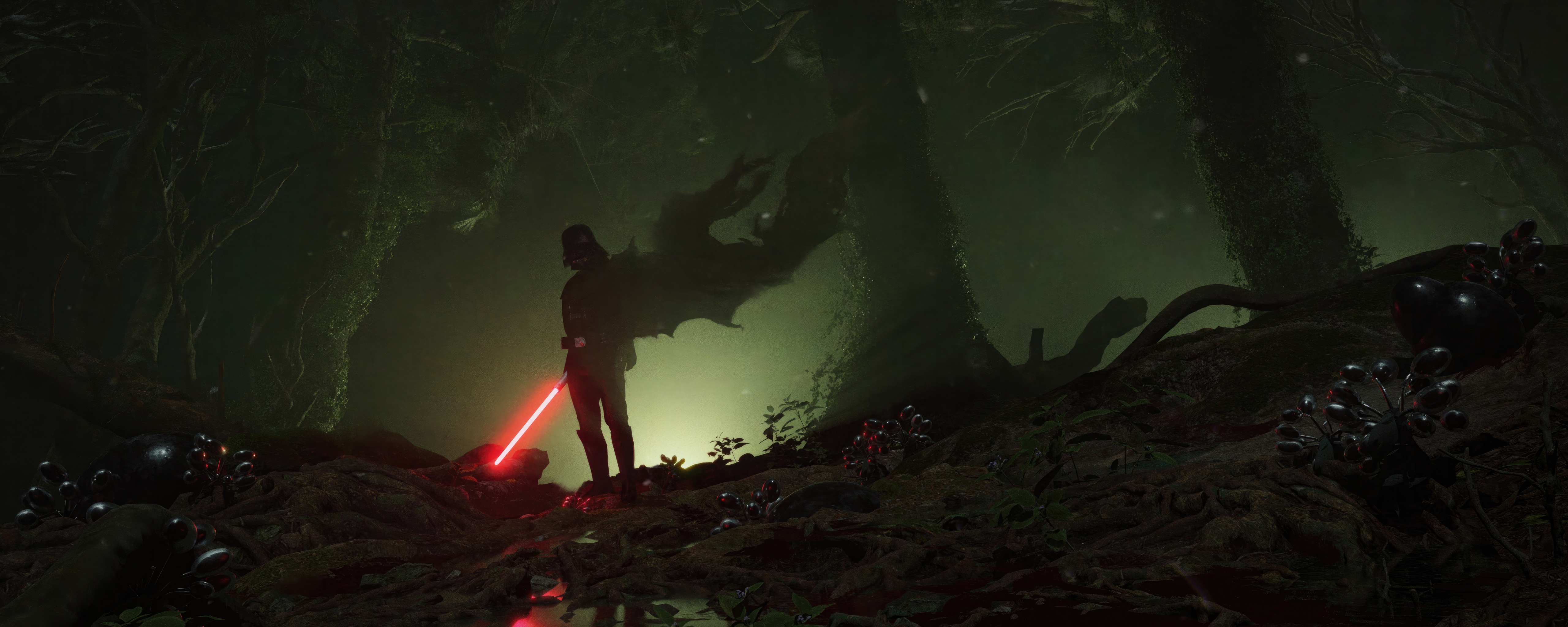 Darth Vader with red lightsaber in a dark forest HD Wallpaper