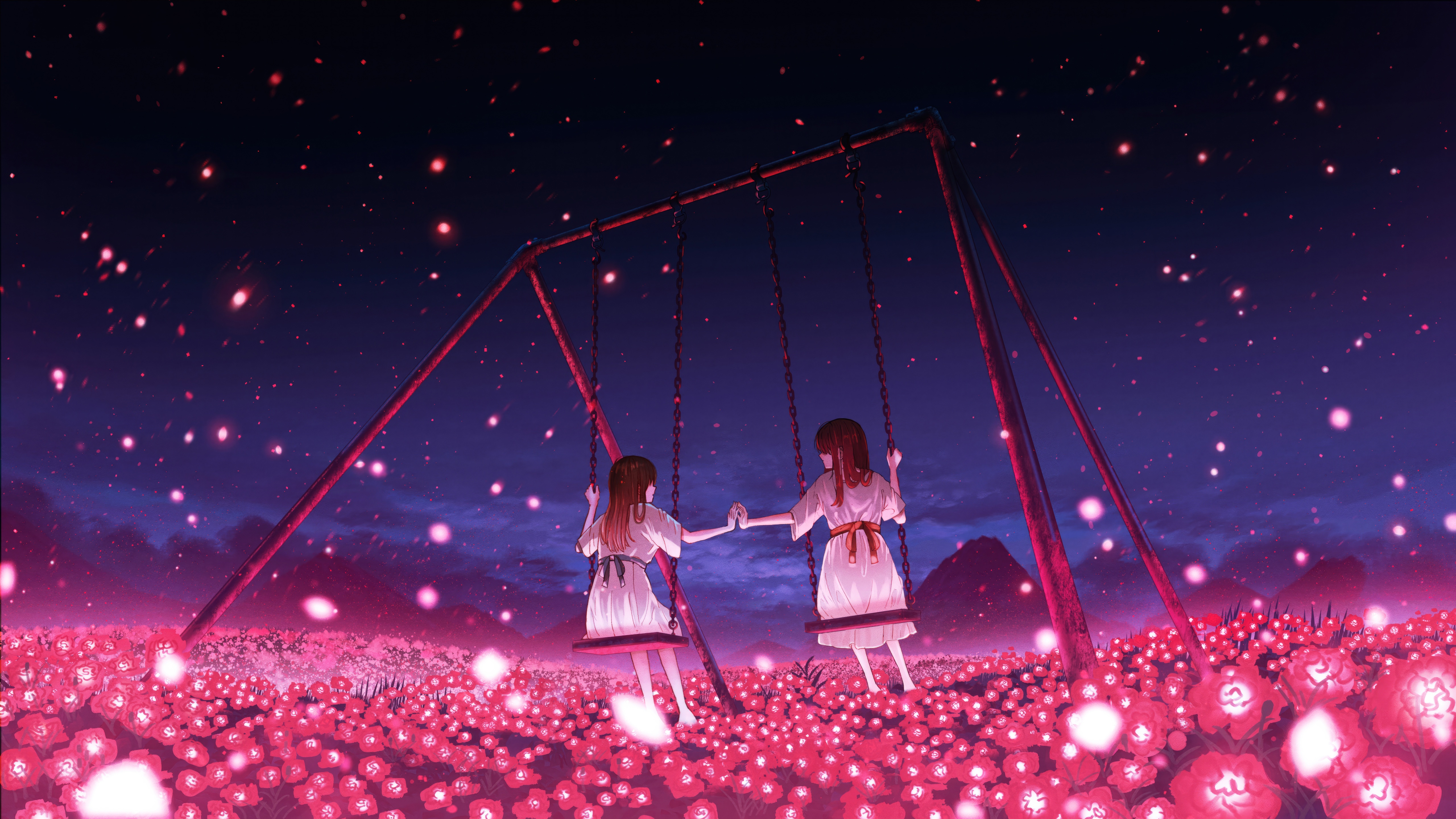 Anime Girls on a Swing in a Flower Field HD Wallpaper
