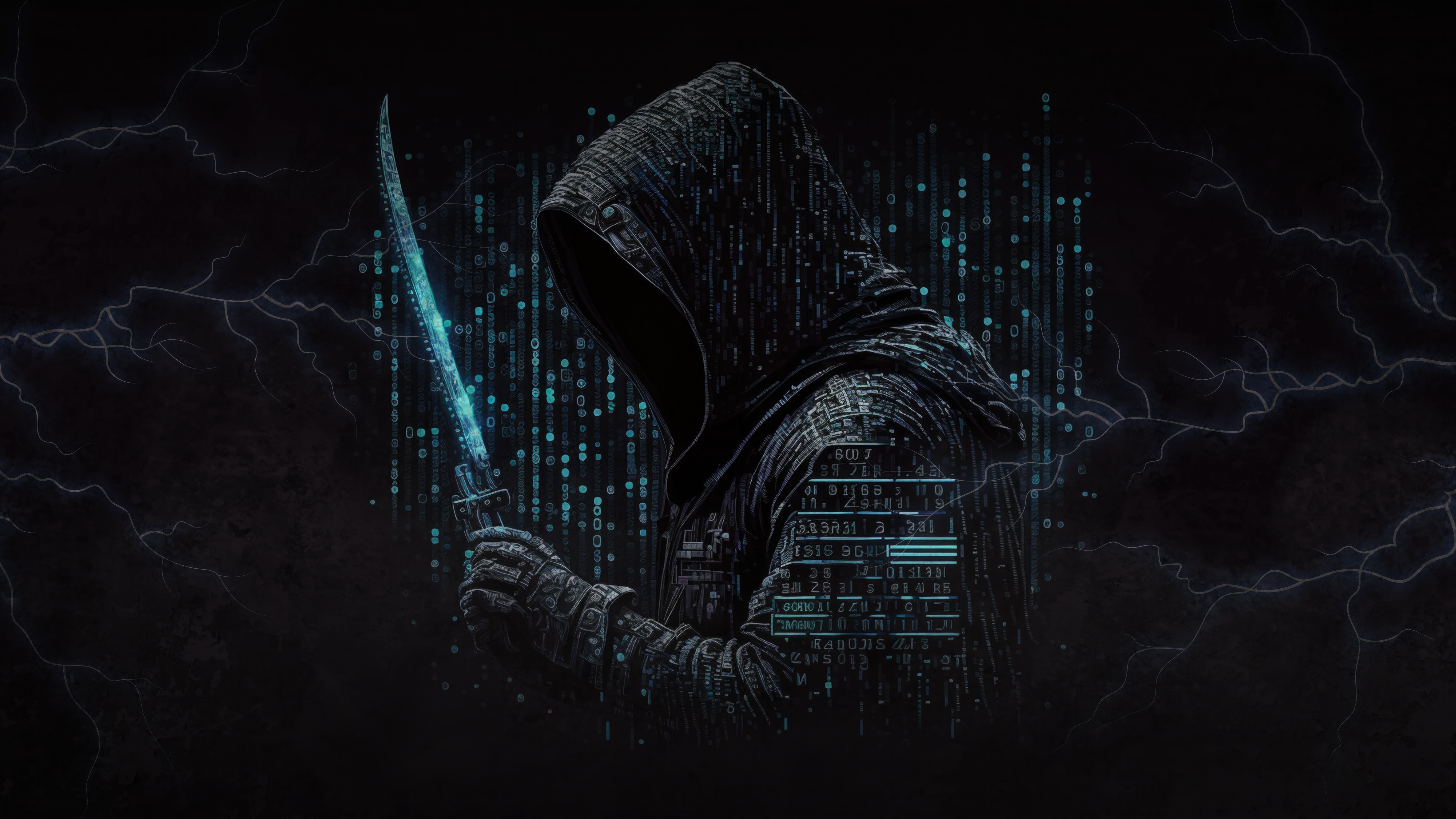 Hacker with glowing sword and digital rain HD Wallpaper