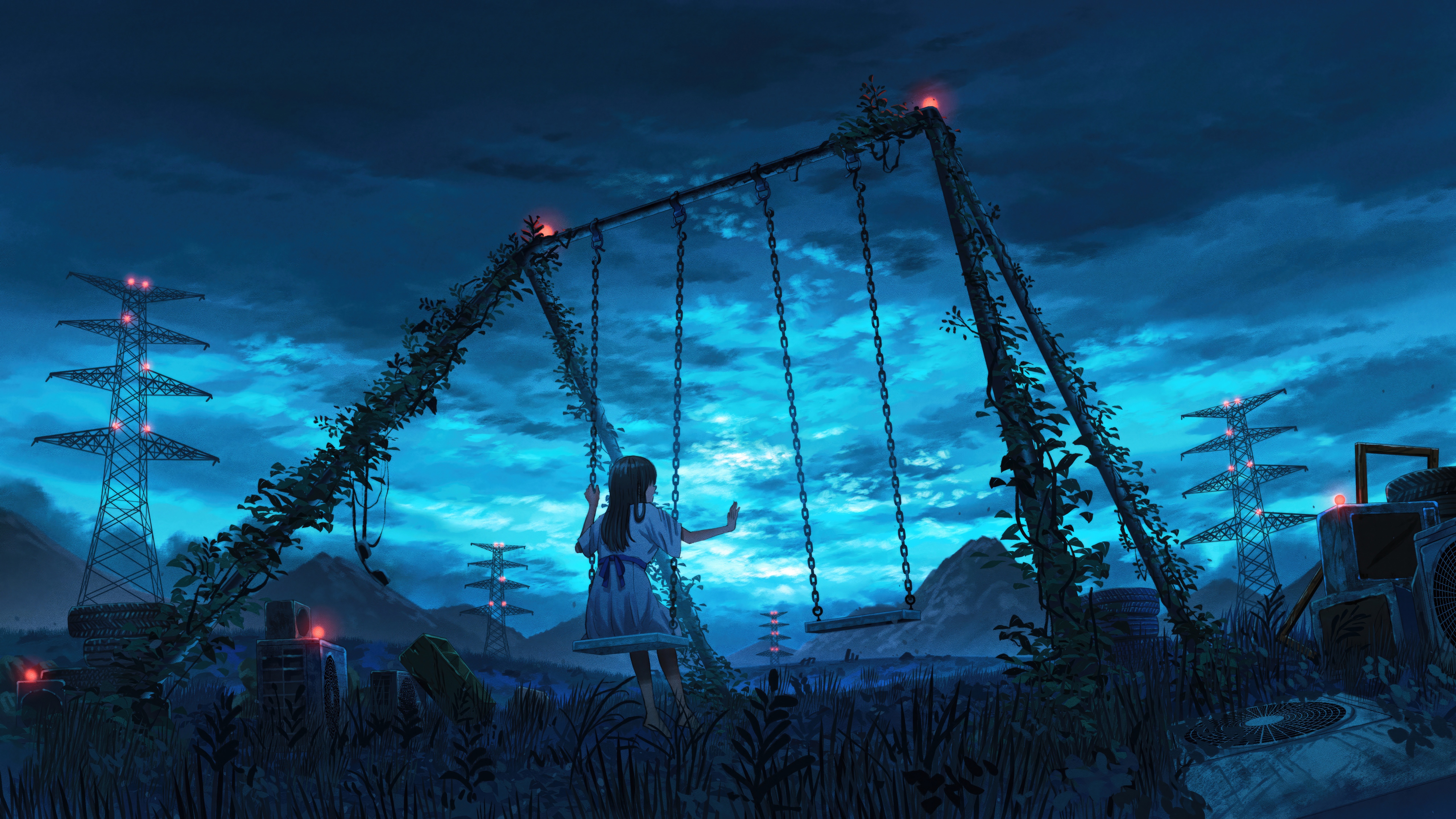 Anime girl on a swing in a post-apocalyptic landscape HD Wallpaper