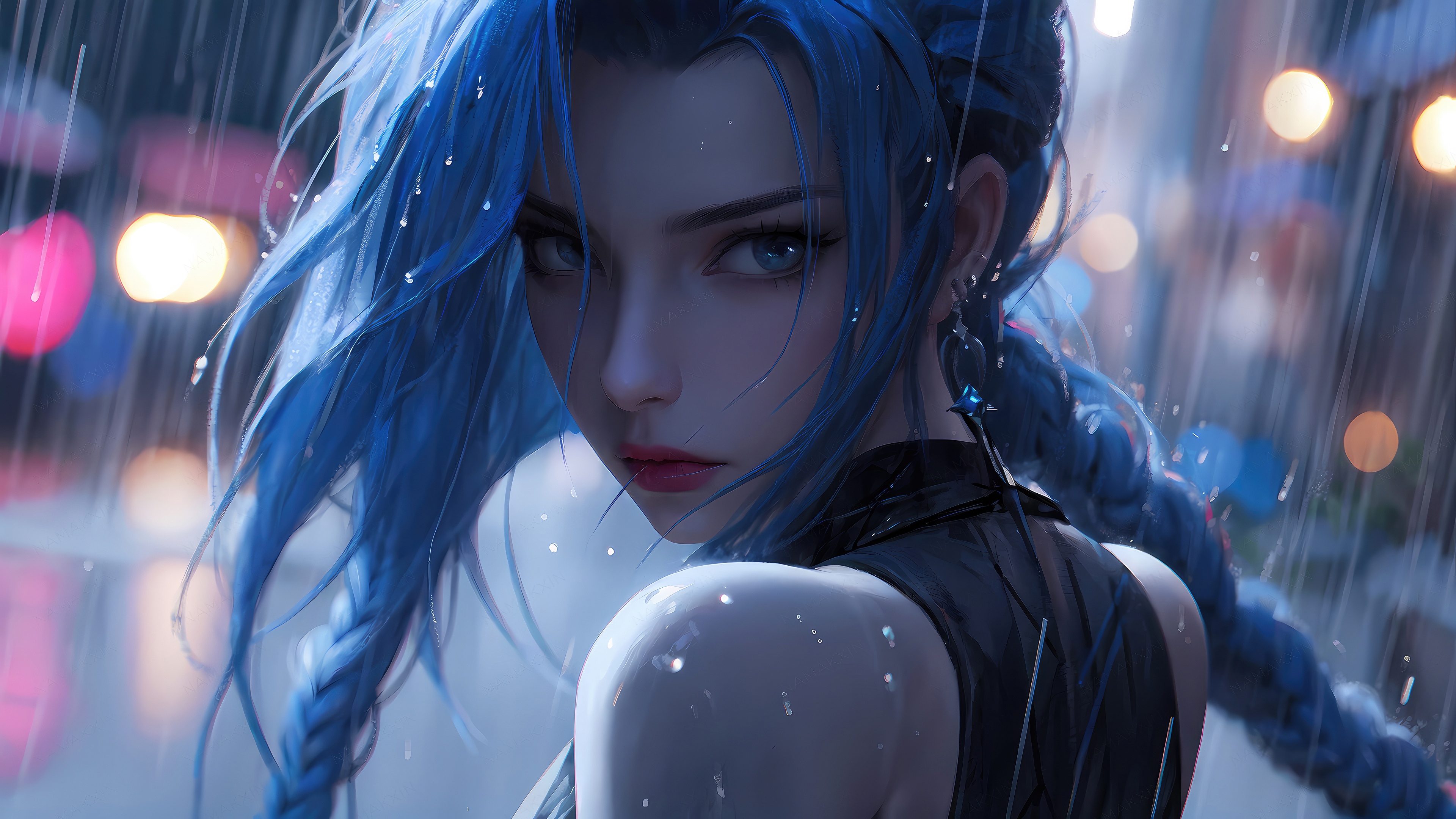 Jinx from League of Legends in the rain HD Wallpaper