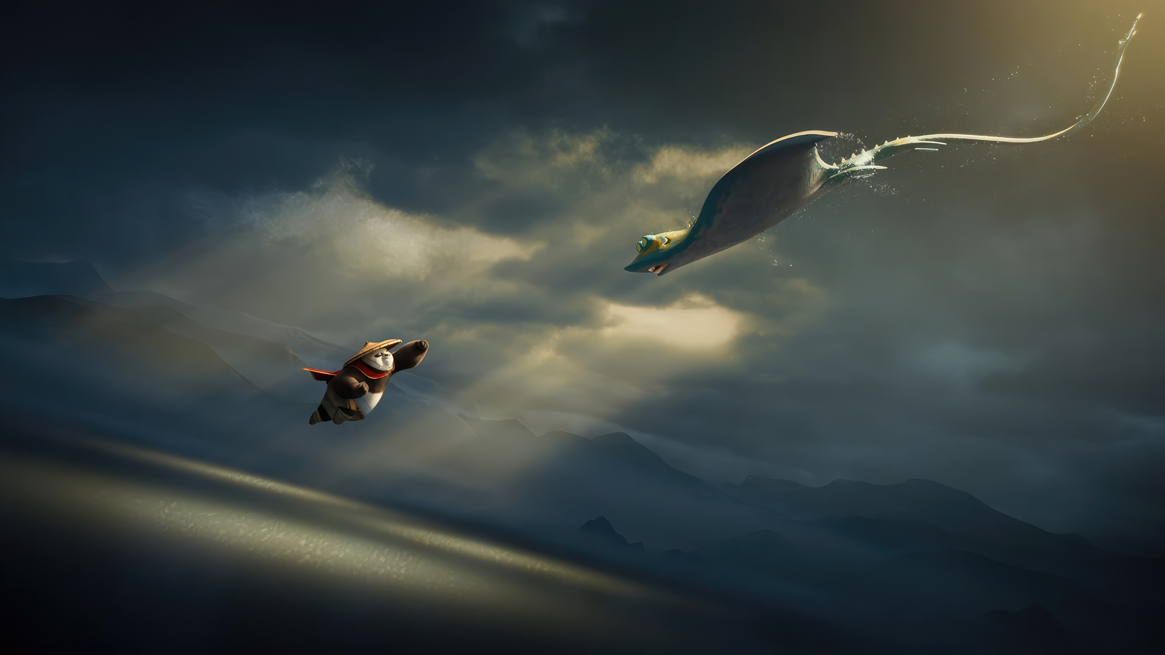 Po the Panda and a Stingray fly through the sky HD Wallpaper
