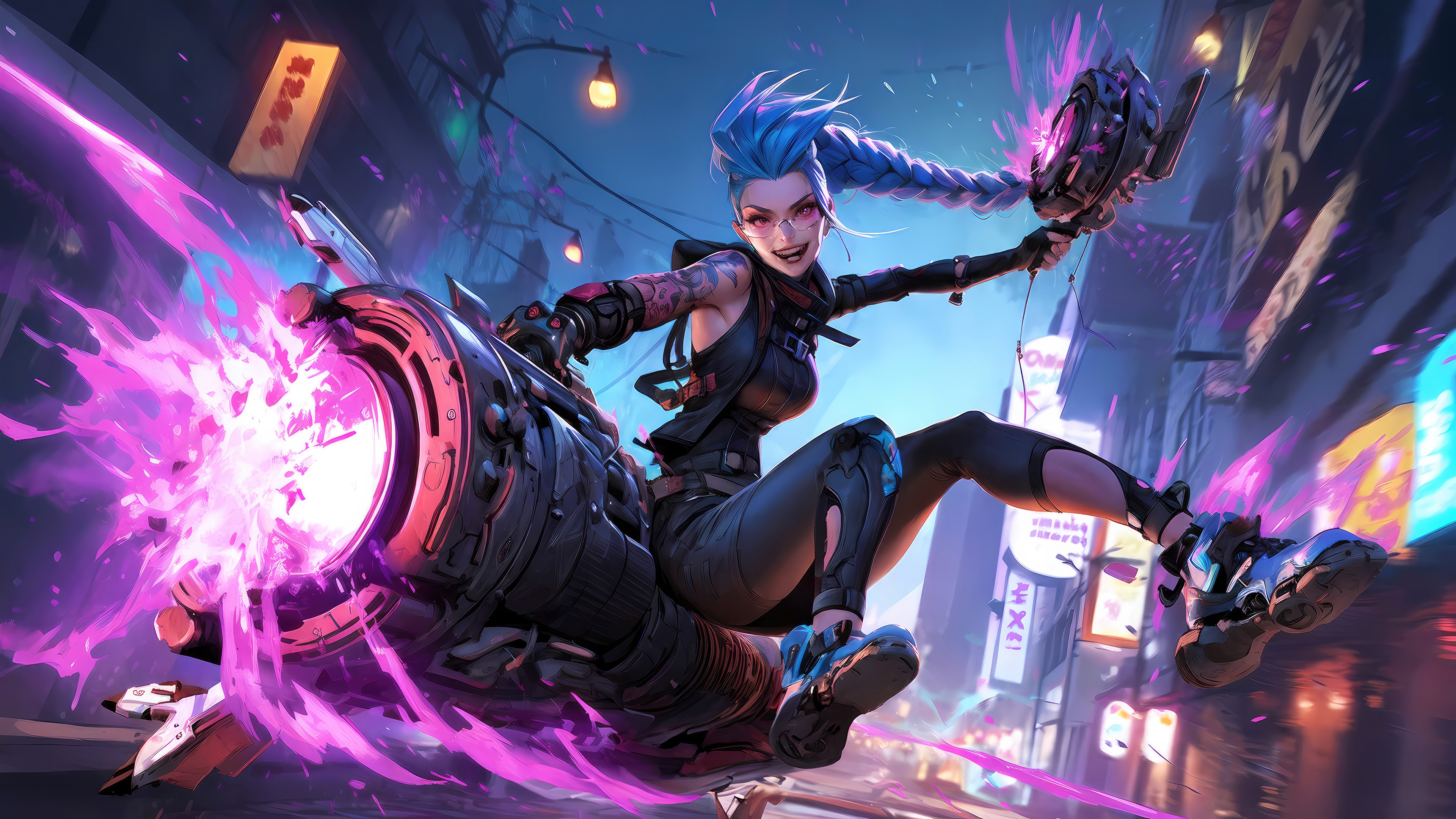 Jinx riding a mechanical weapon in a neon city HD Wallpaper