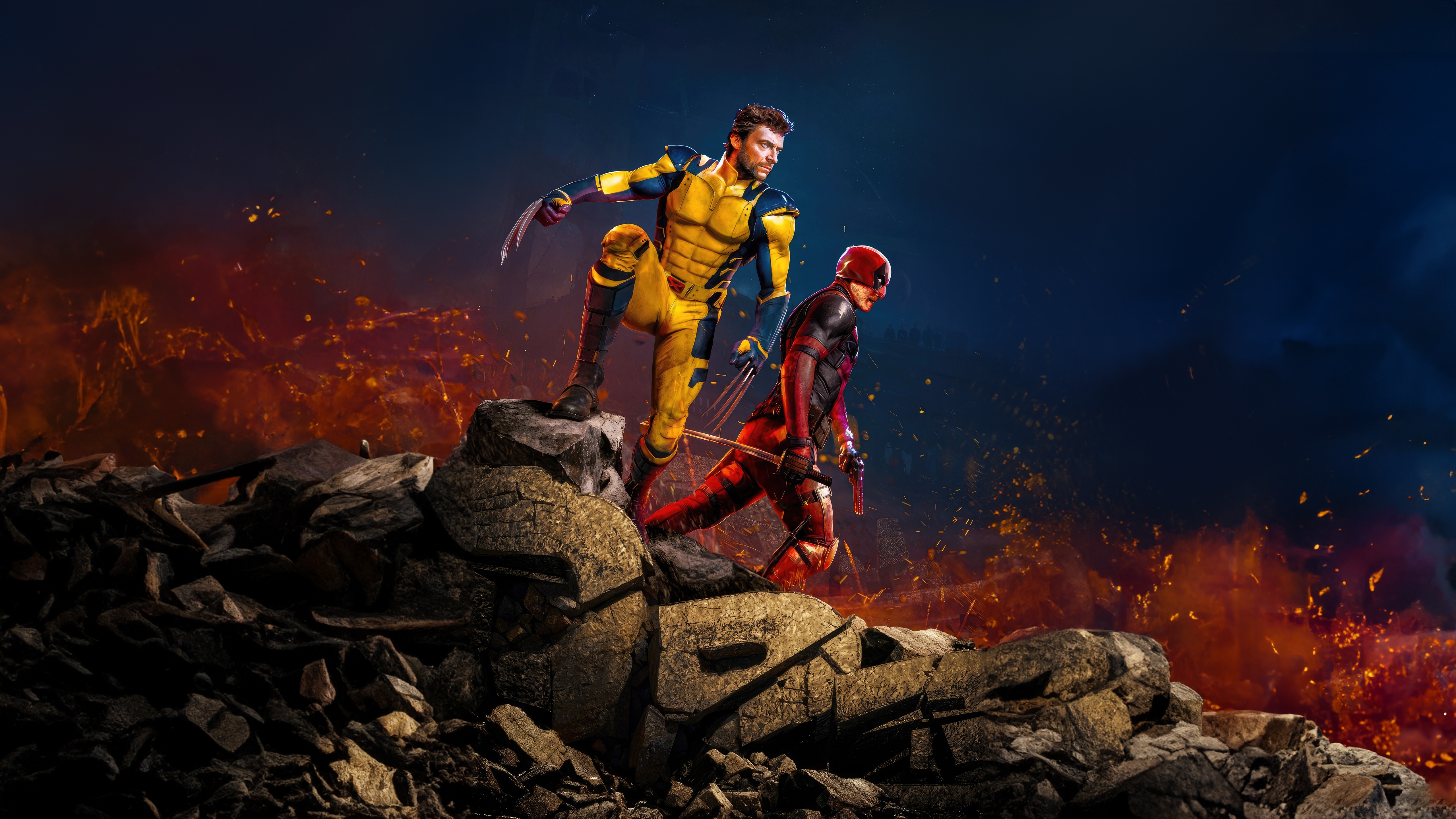 Deadpool and Wolverine on a rocky, fiery landscape HD Wallpaper
