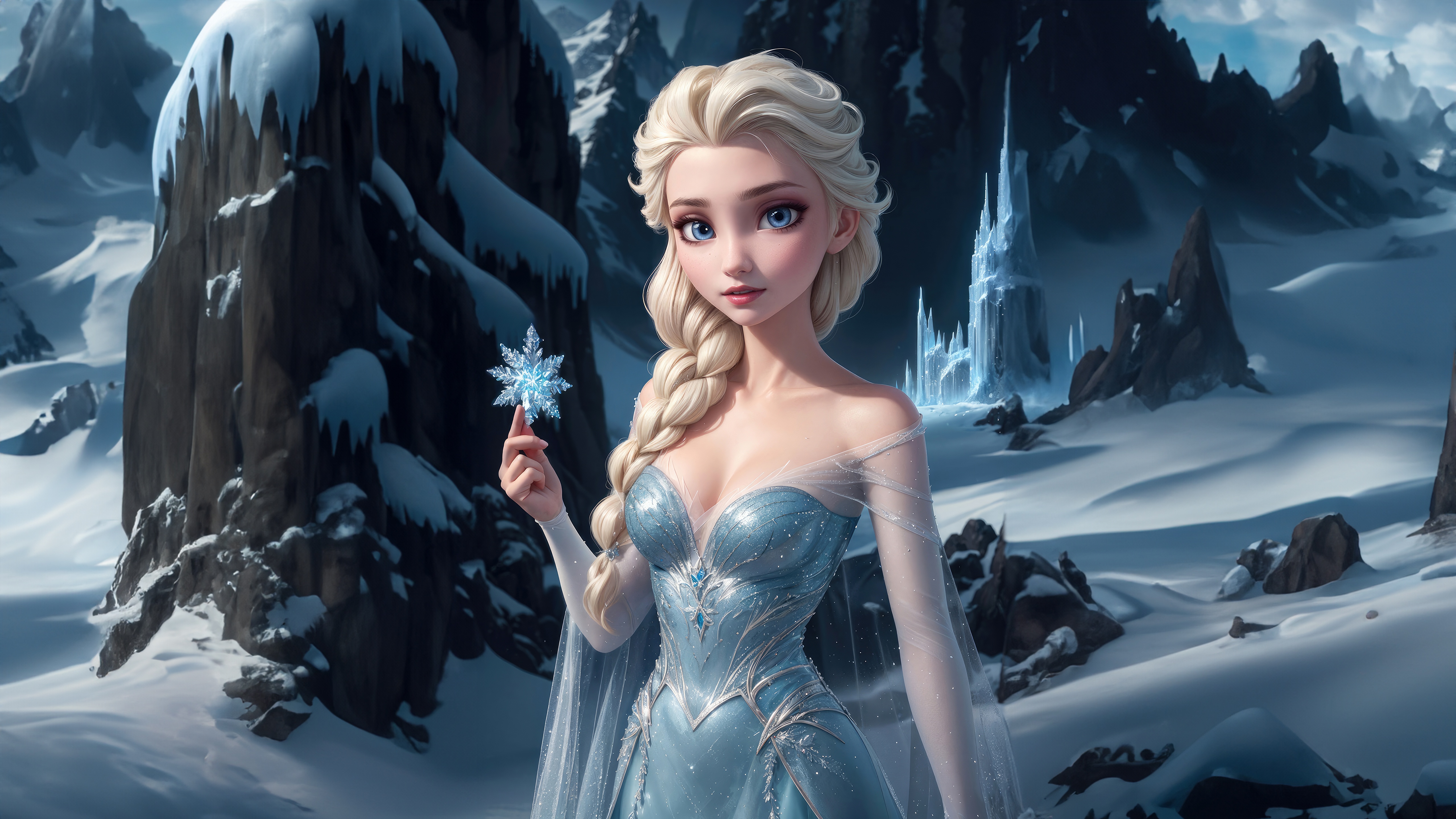 Elsa from Frozen holding a snowflake in a snowy landscape HD Wallpaper