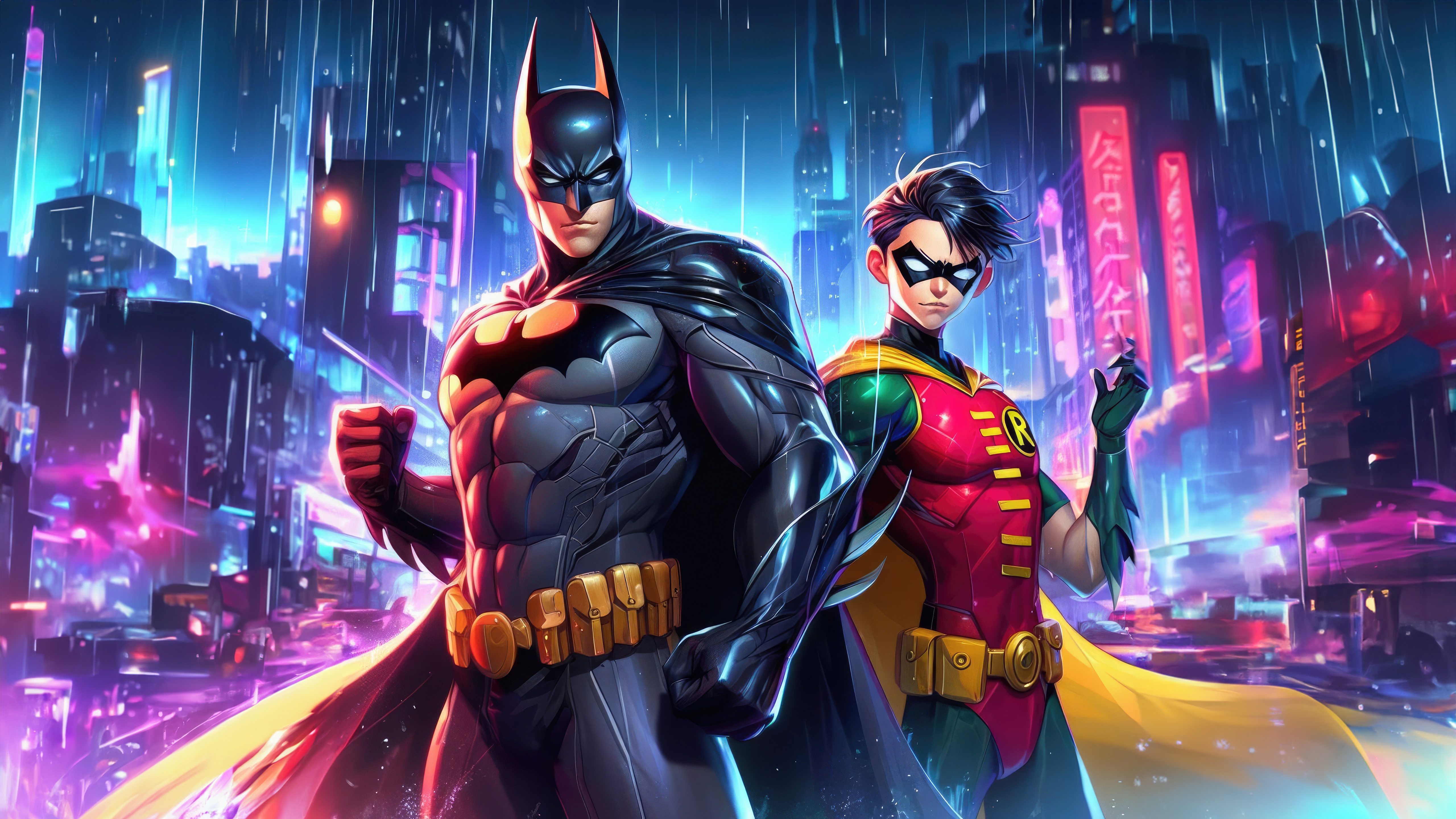 Batman and Robin in a Rainy Neon City HD Wallpaper