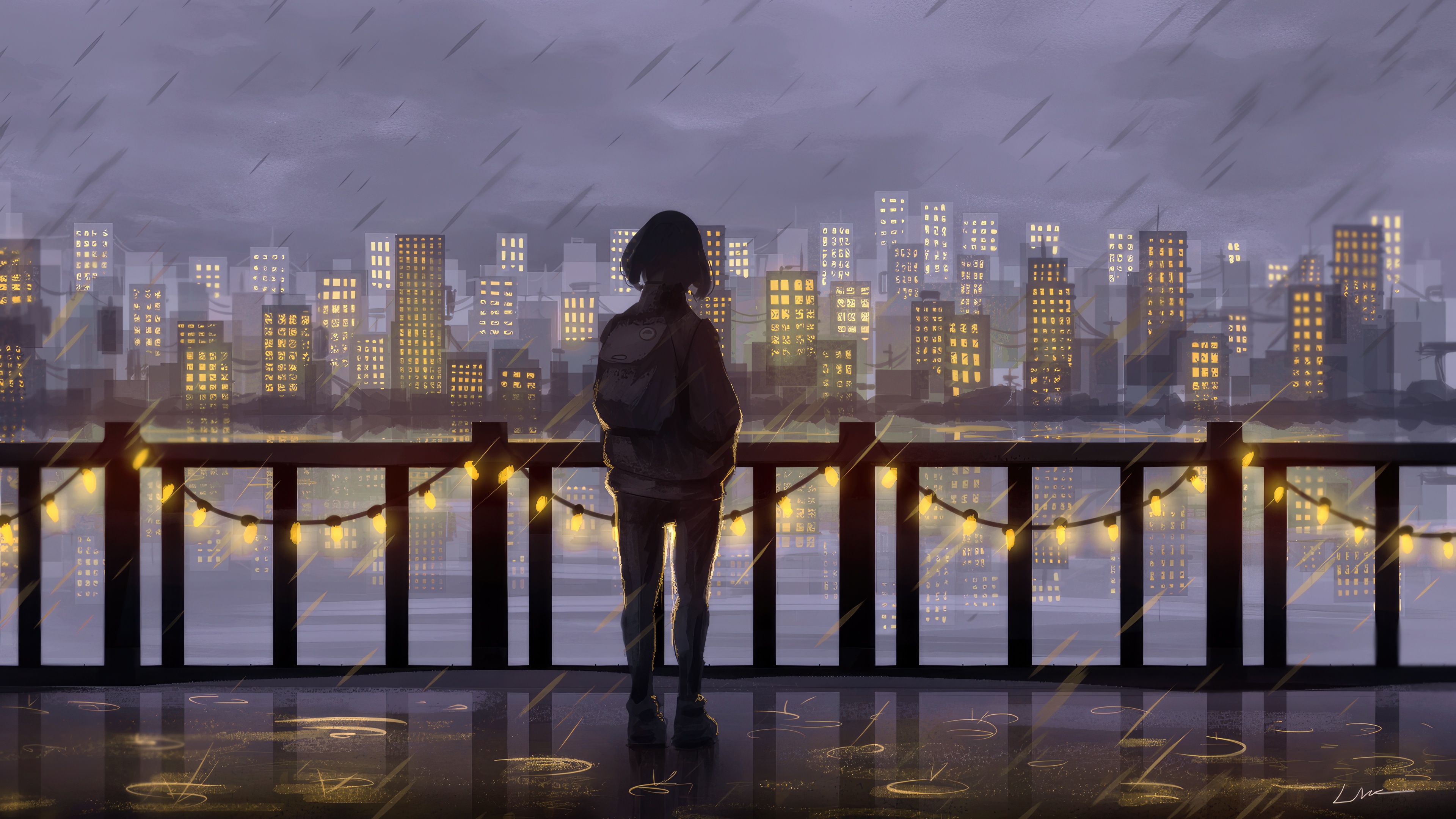 Anime girl in the rain looking at a city skyline HD Wallpaper
