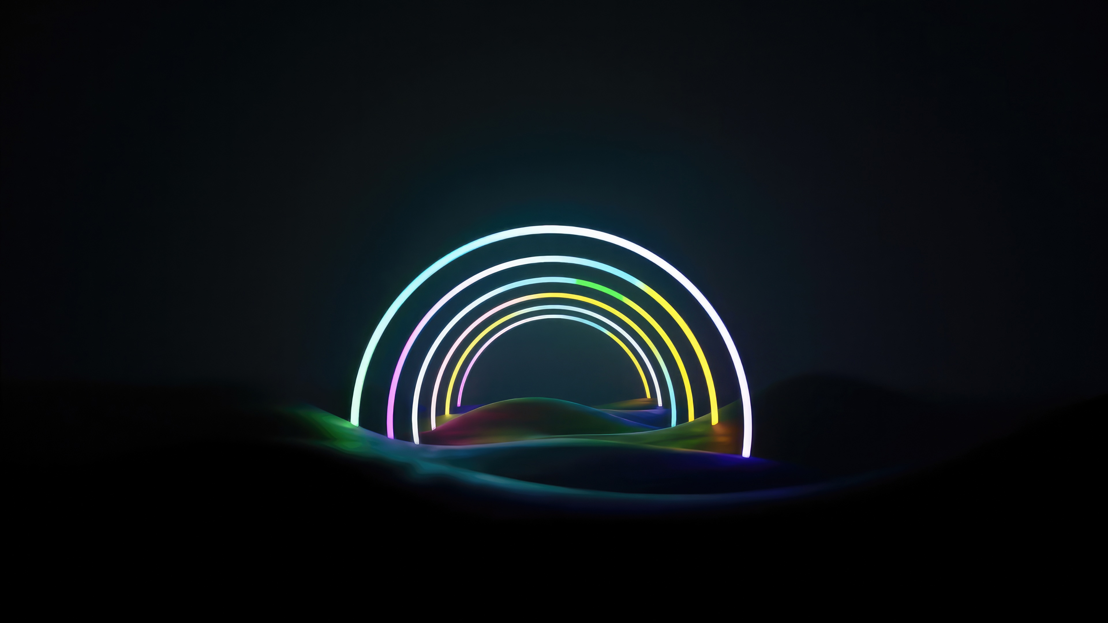 Neon Rainbow Arches Over Abstract Landscape HD Wallpaper