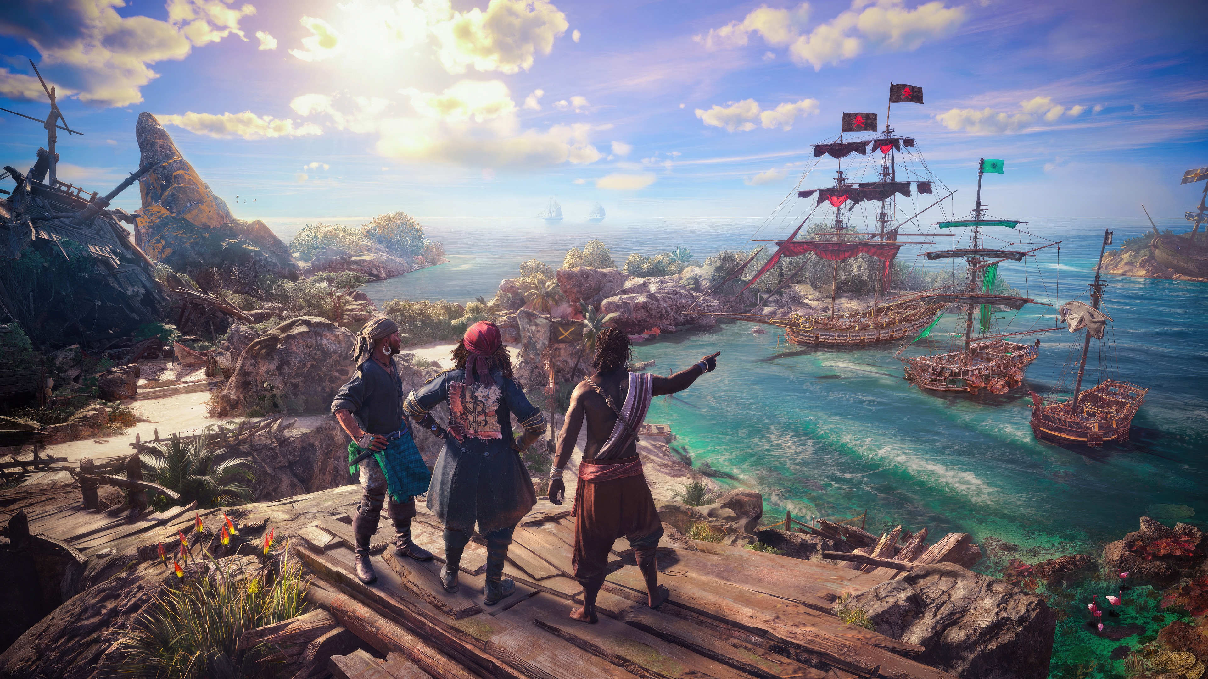 Skull and Bones pirates on a tropical island overlooking ships HD Wallpaper