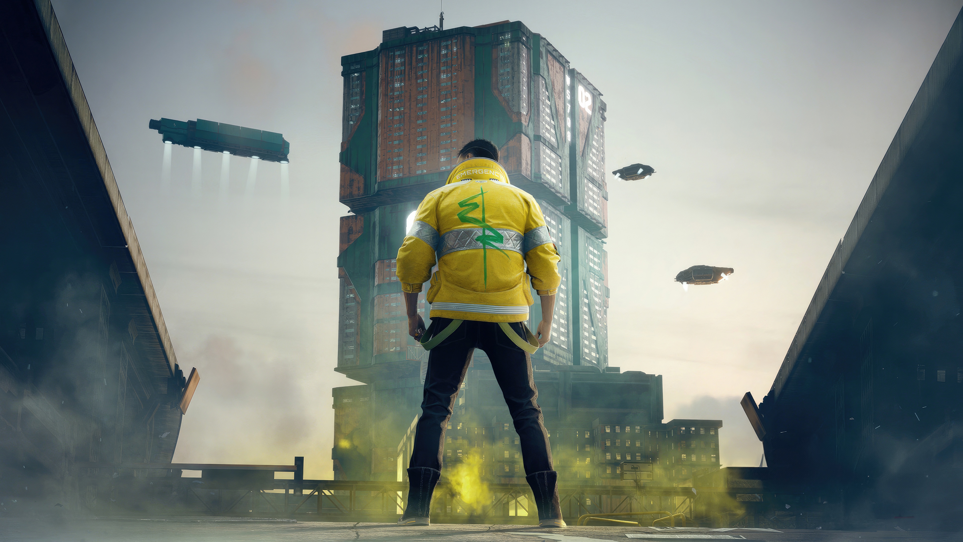 Cyberpunk 2077 Edgerunners: Man in Yellow Jacket Overlooking City HD Wallpaper