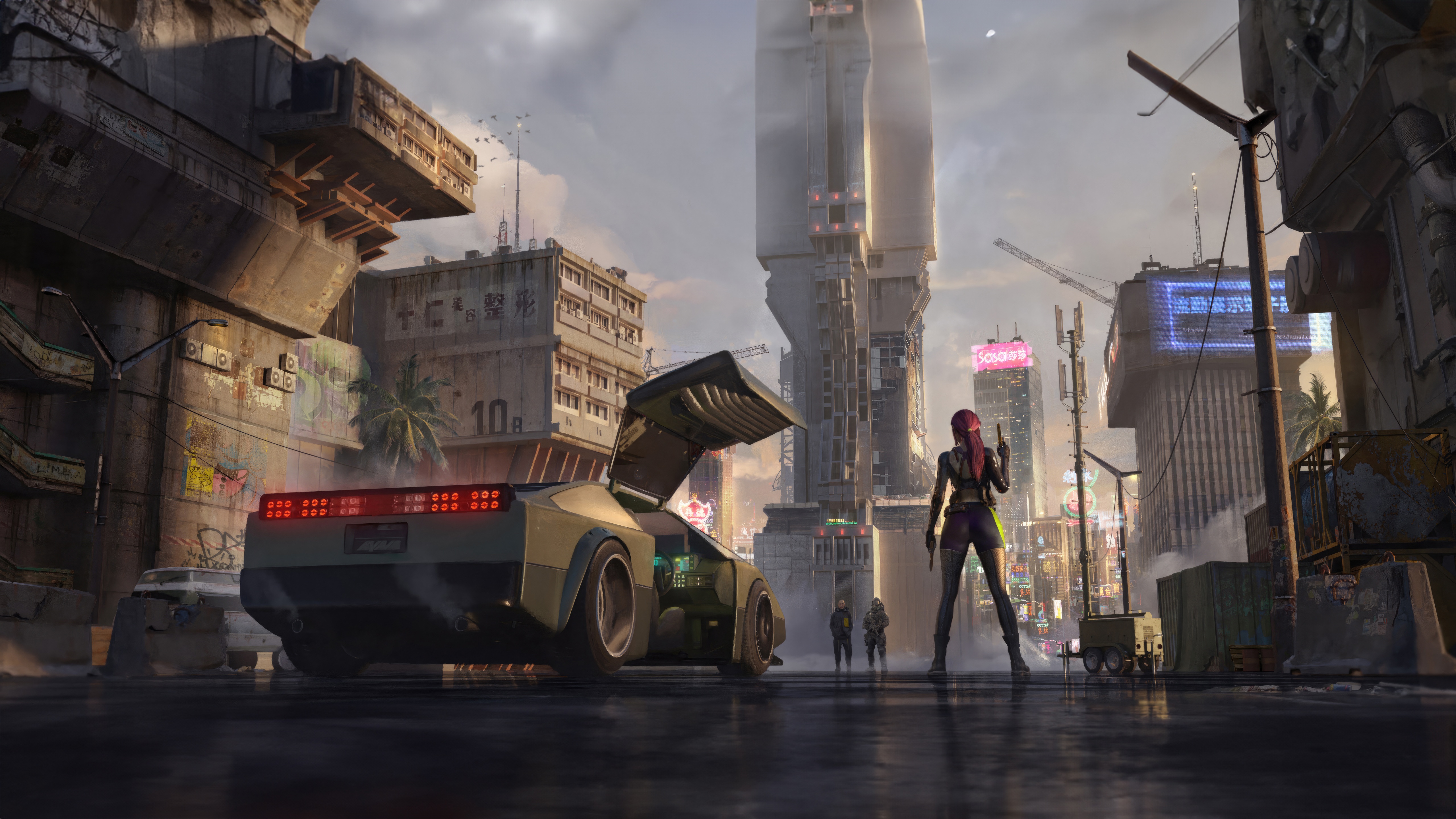 Cyberpunk Cityscape with Futuristic Car and Woman HD Wallpaper