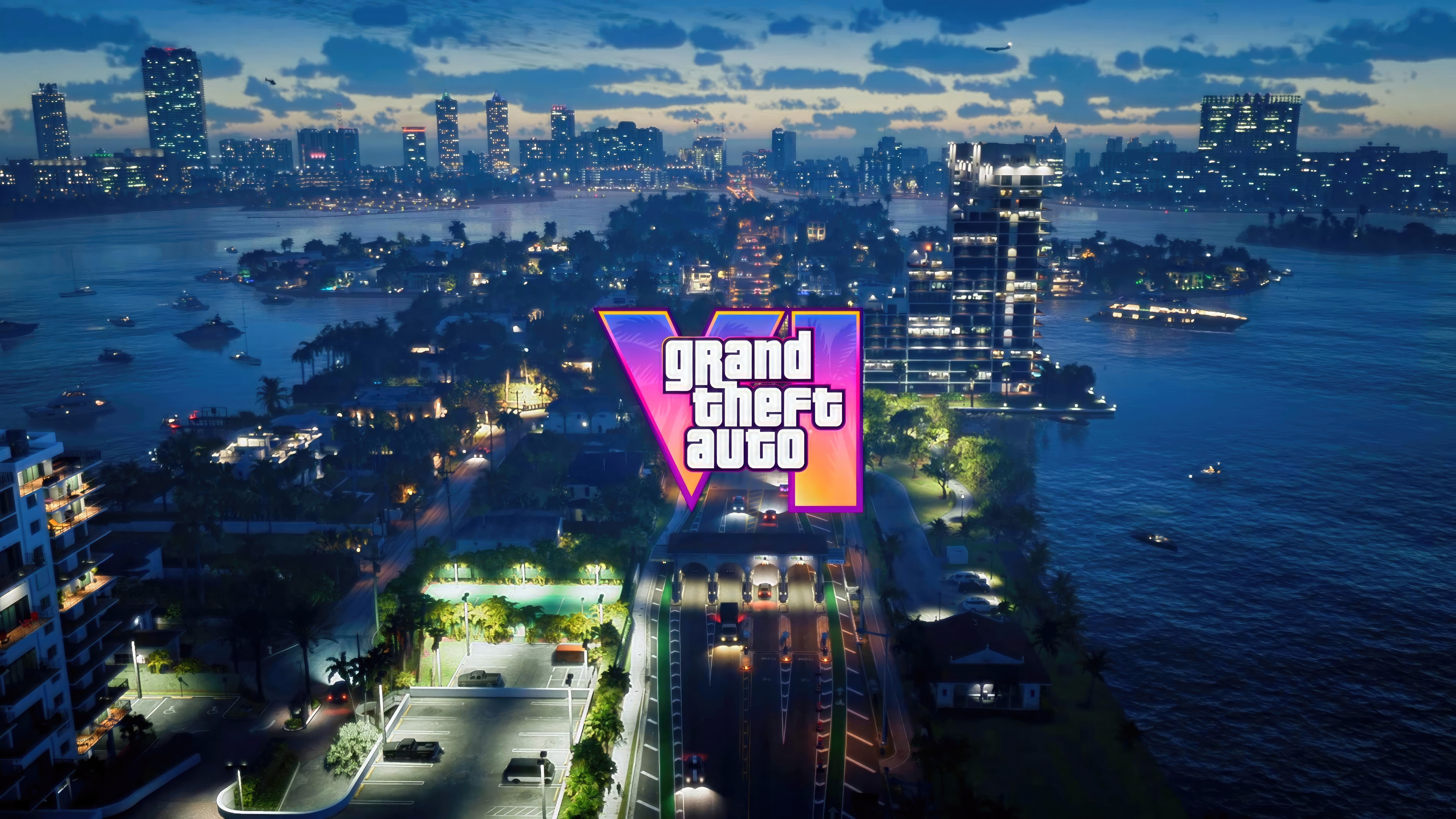 Grand Theft Auto VI logo over a city at night HD Wallpaper