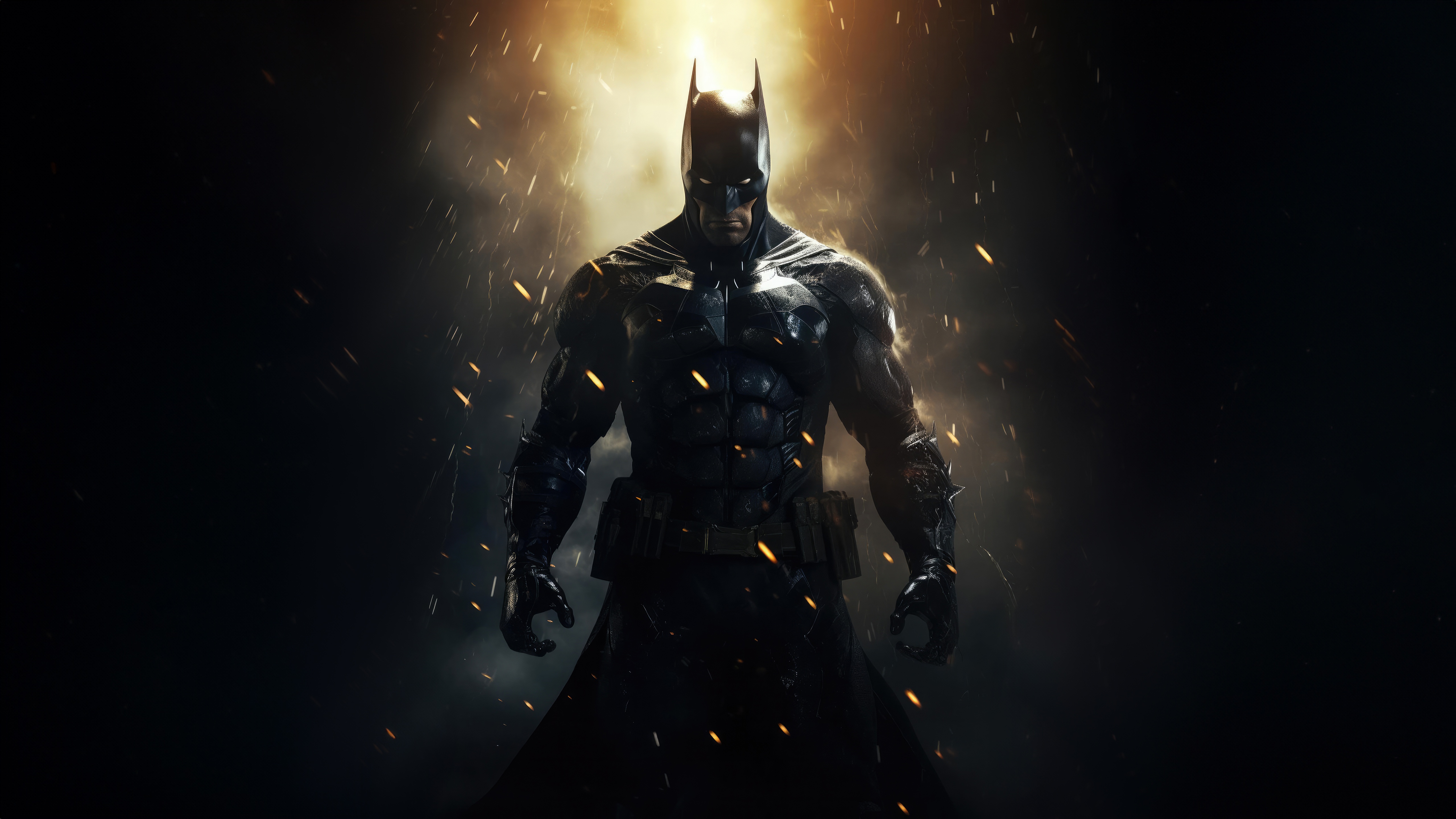 Batman stands in front of a bright light with sparks HD Wallpaper