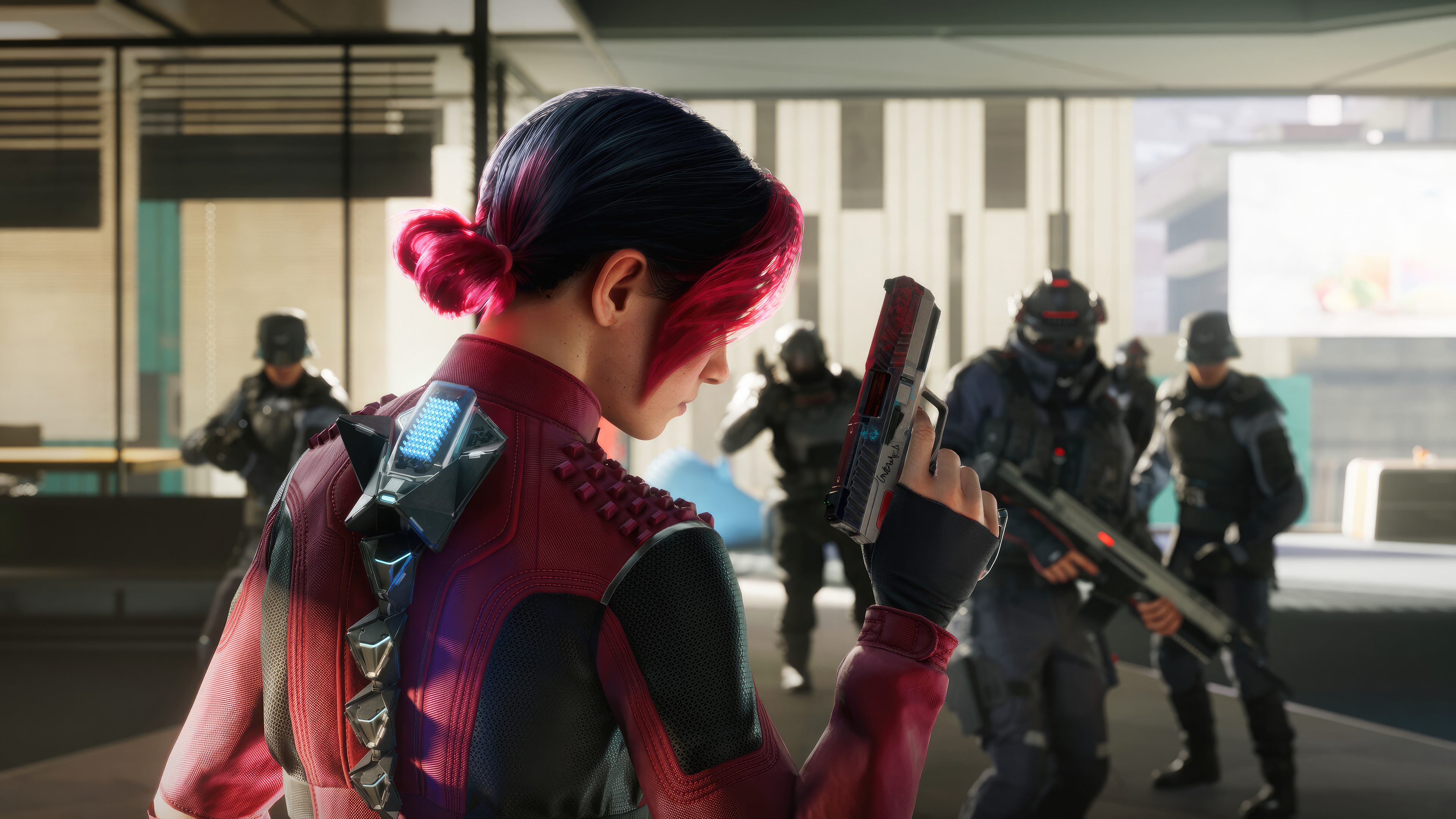 Woman with pink hair holding a gun with soldiers behind her HD Wallpaper