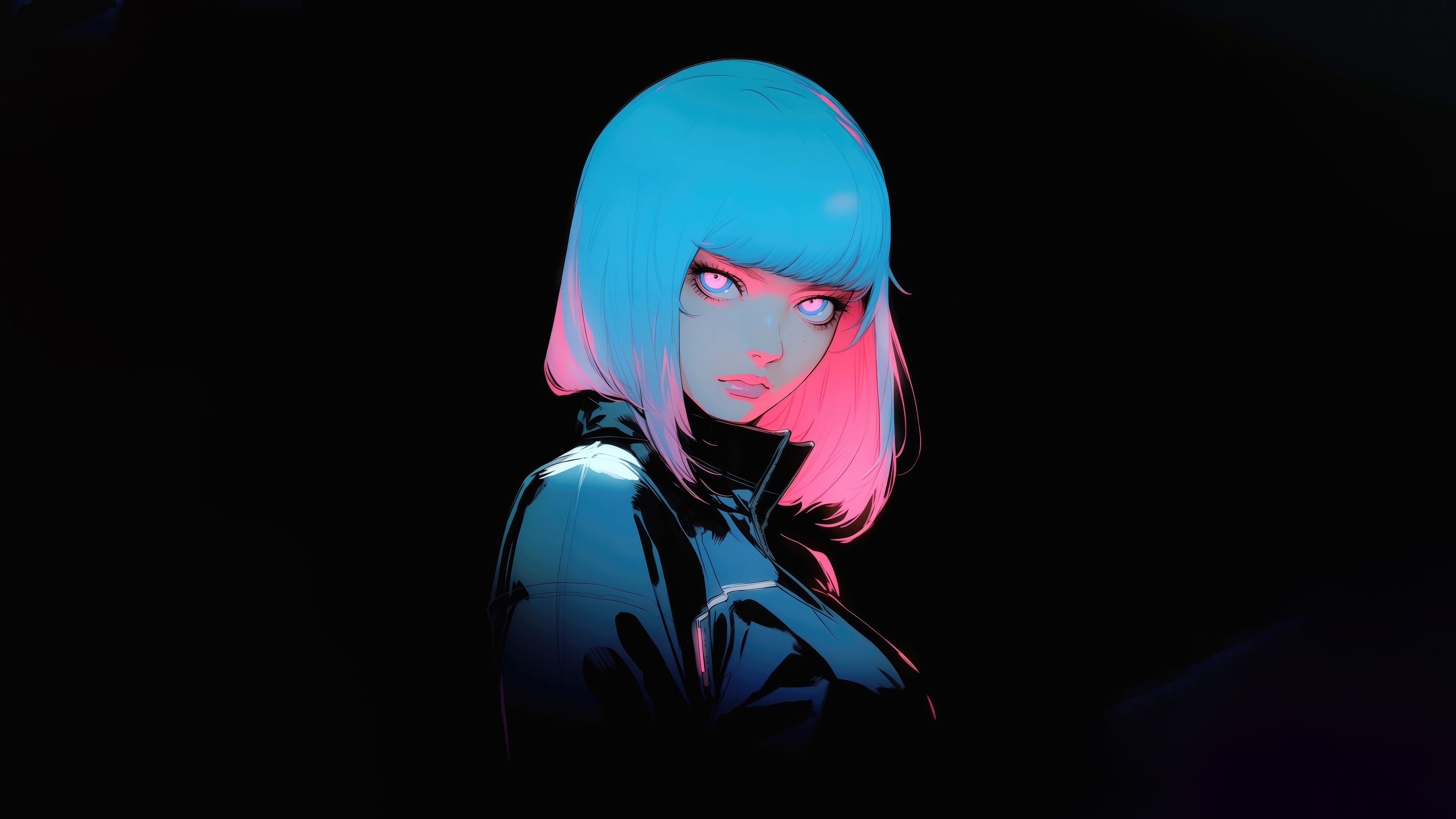 Neon Sci-fi Girl with Blue and Pink Hair HD Wallpaper