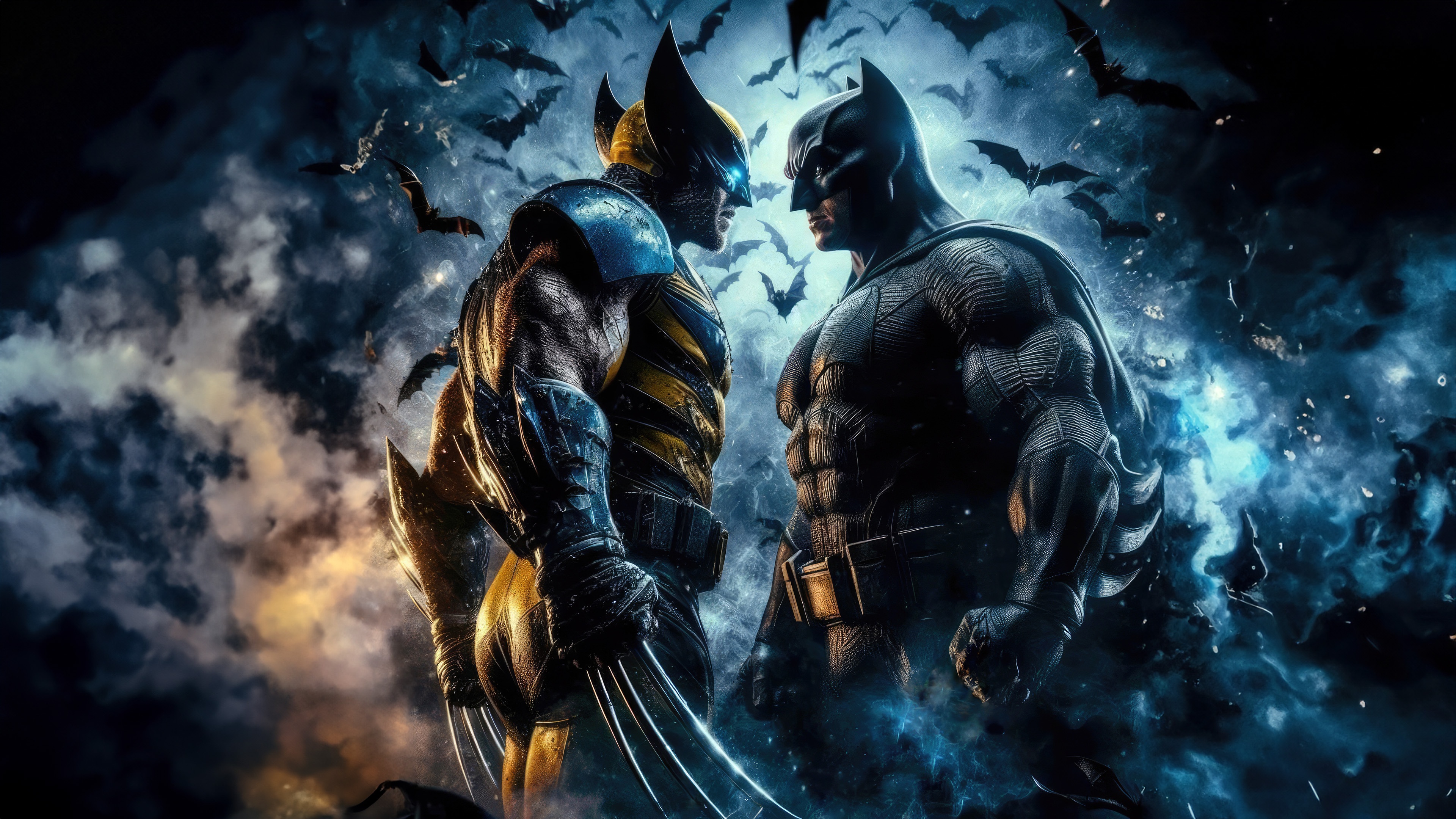 Wolverine and Batman face off with bats in the background HD Wallpaper