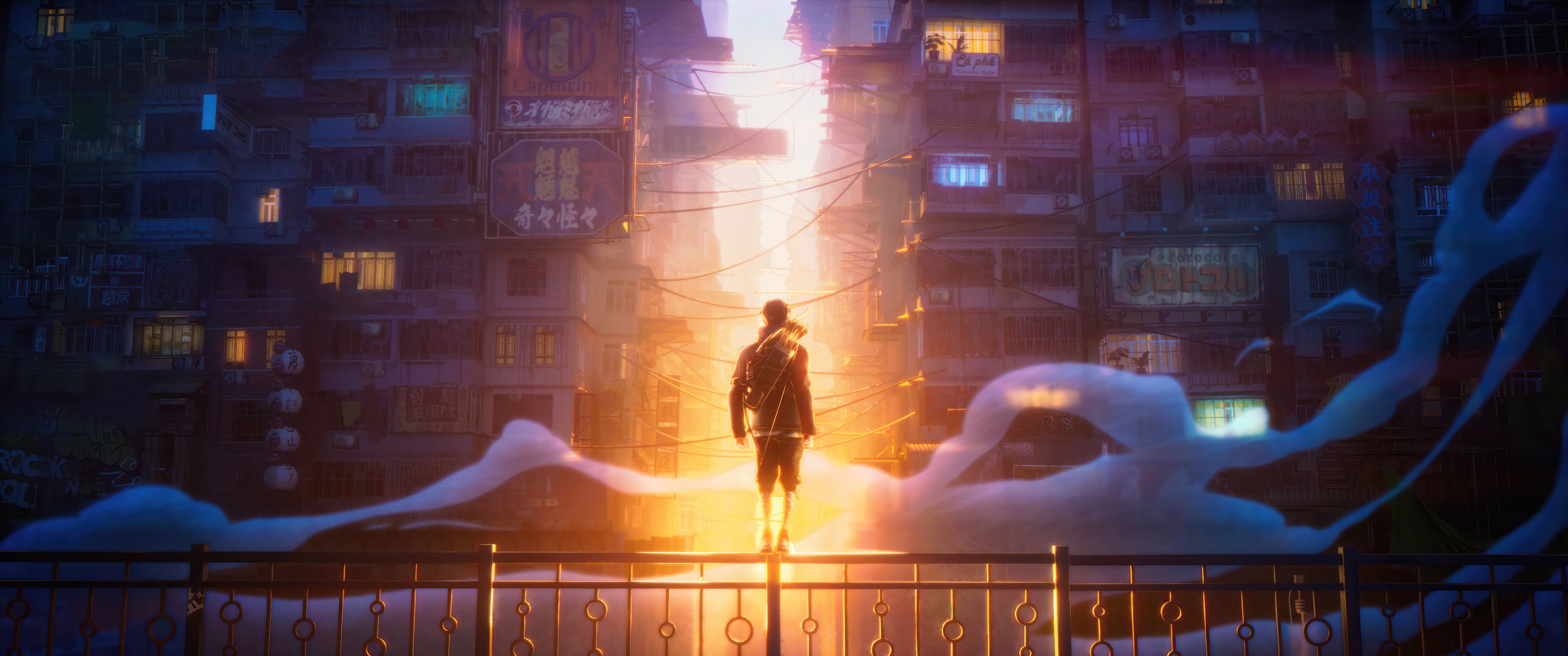 Man standing in a futuristic city with smoke HD Wallpaper