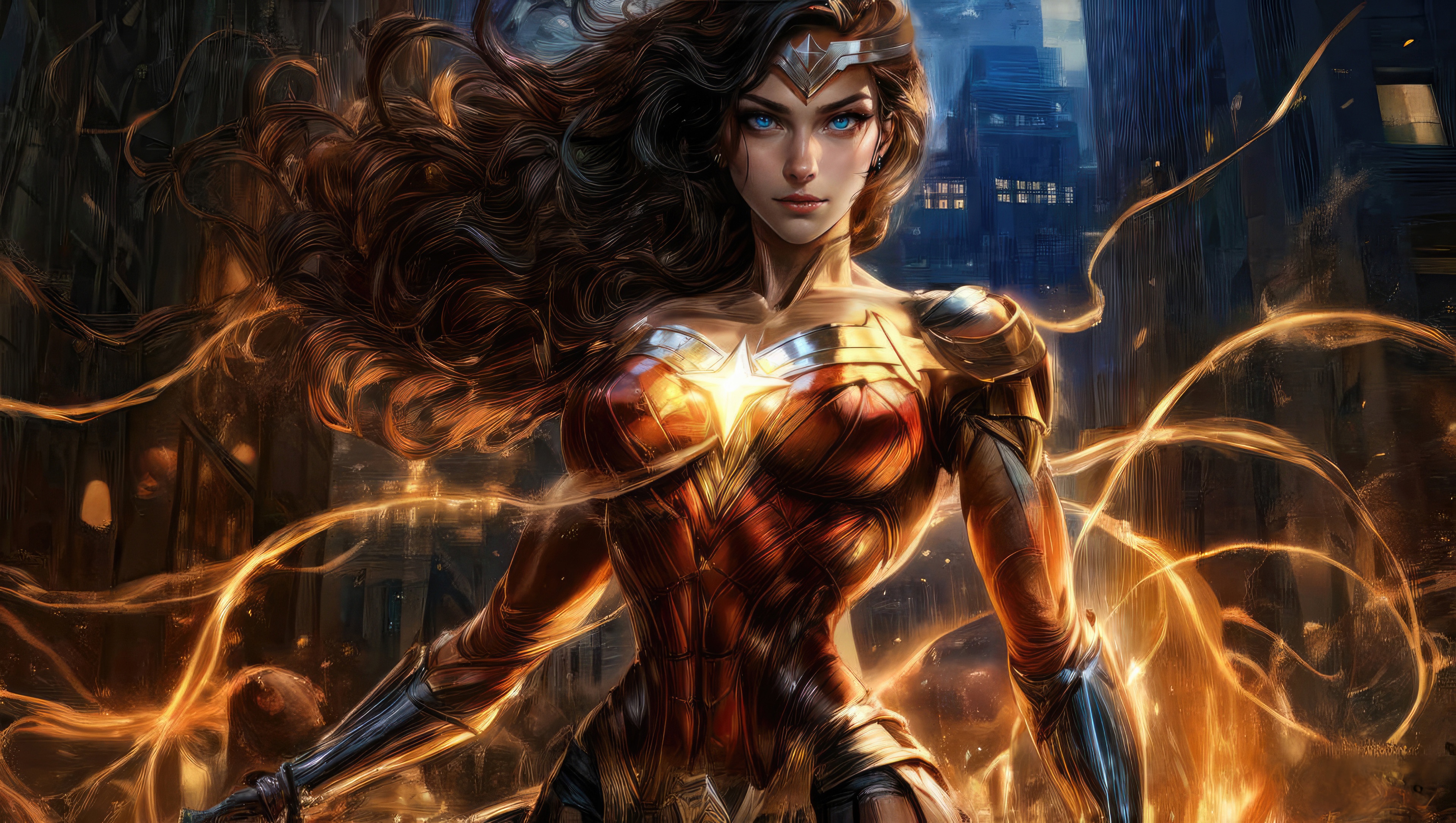 Wonder Woman with Golden Lasso in City HD Wallpaper