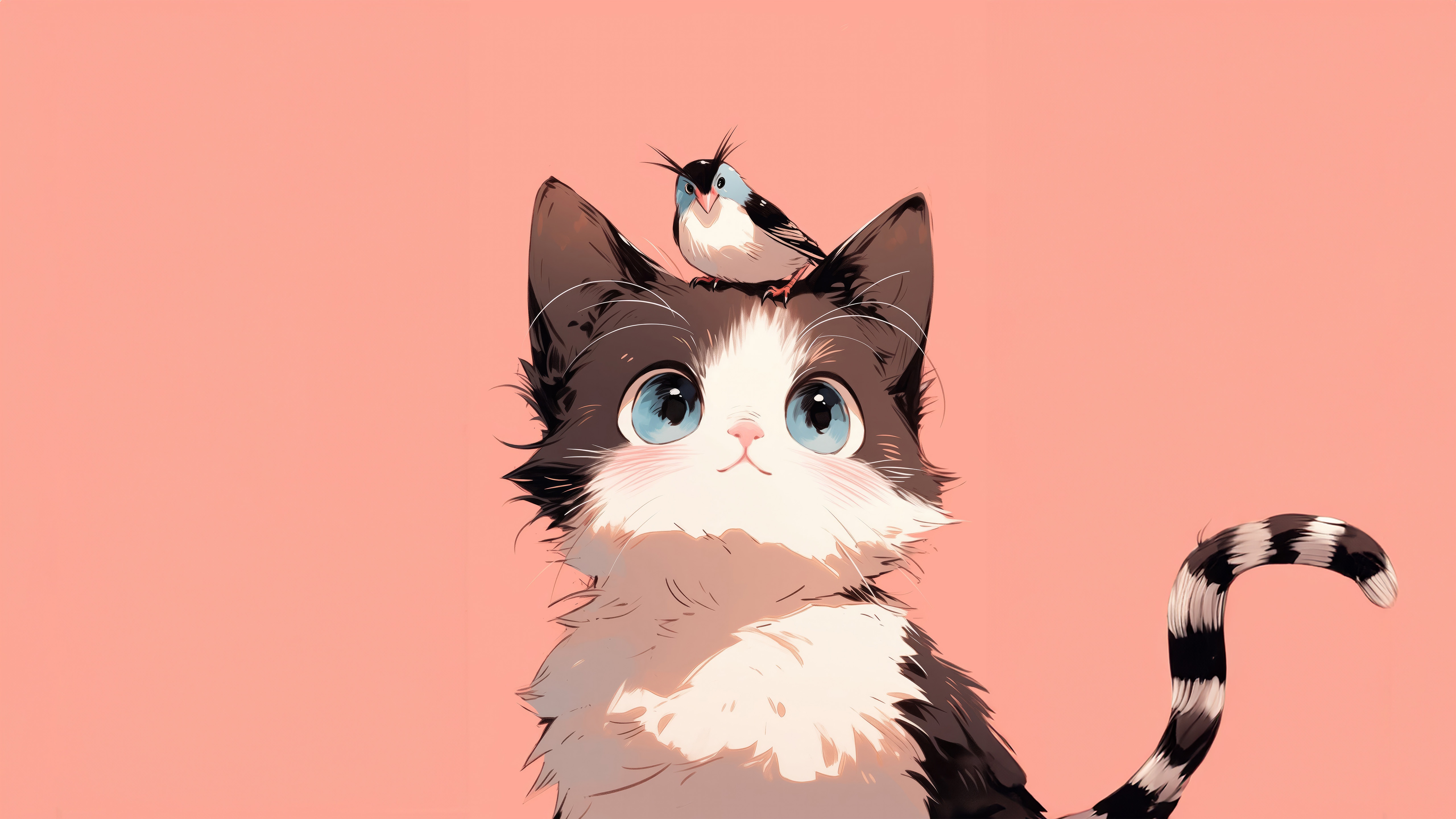 Cute cat with a bird on its head HD Wallpaper