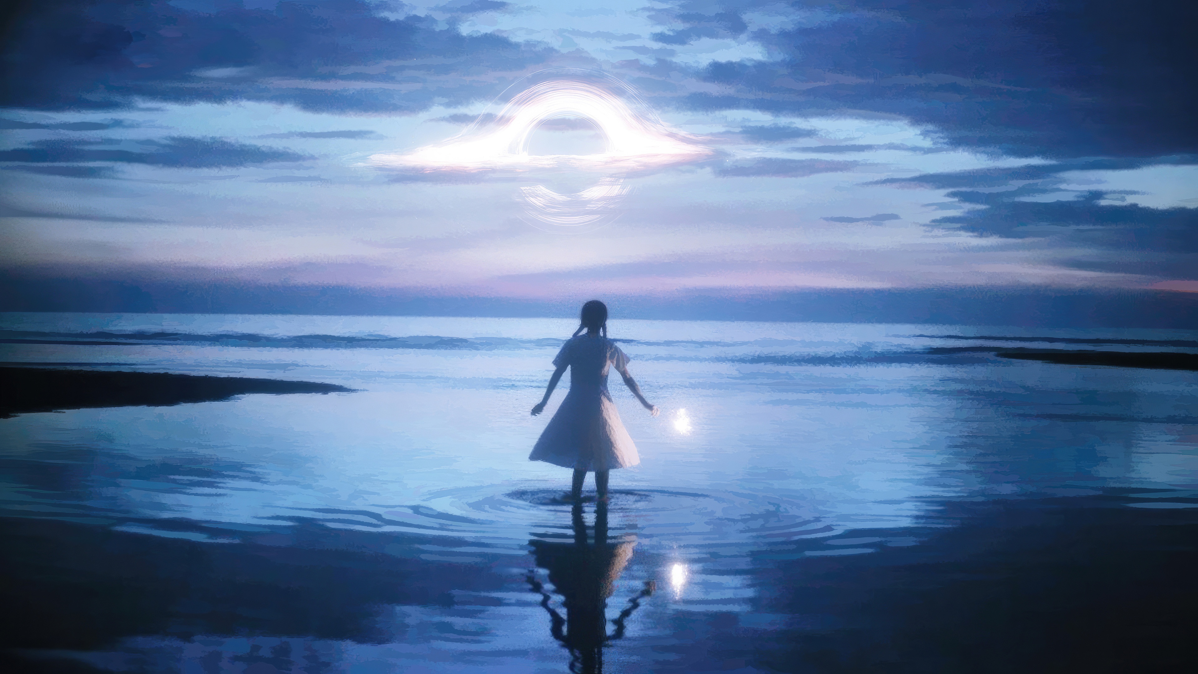 Girl standing in water with a black hole in the sky HD Wallpaper