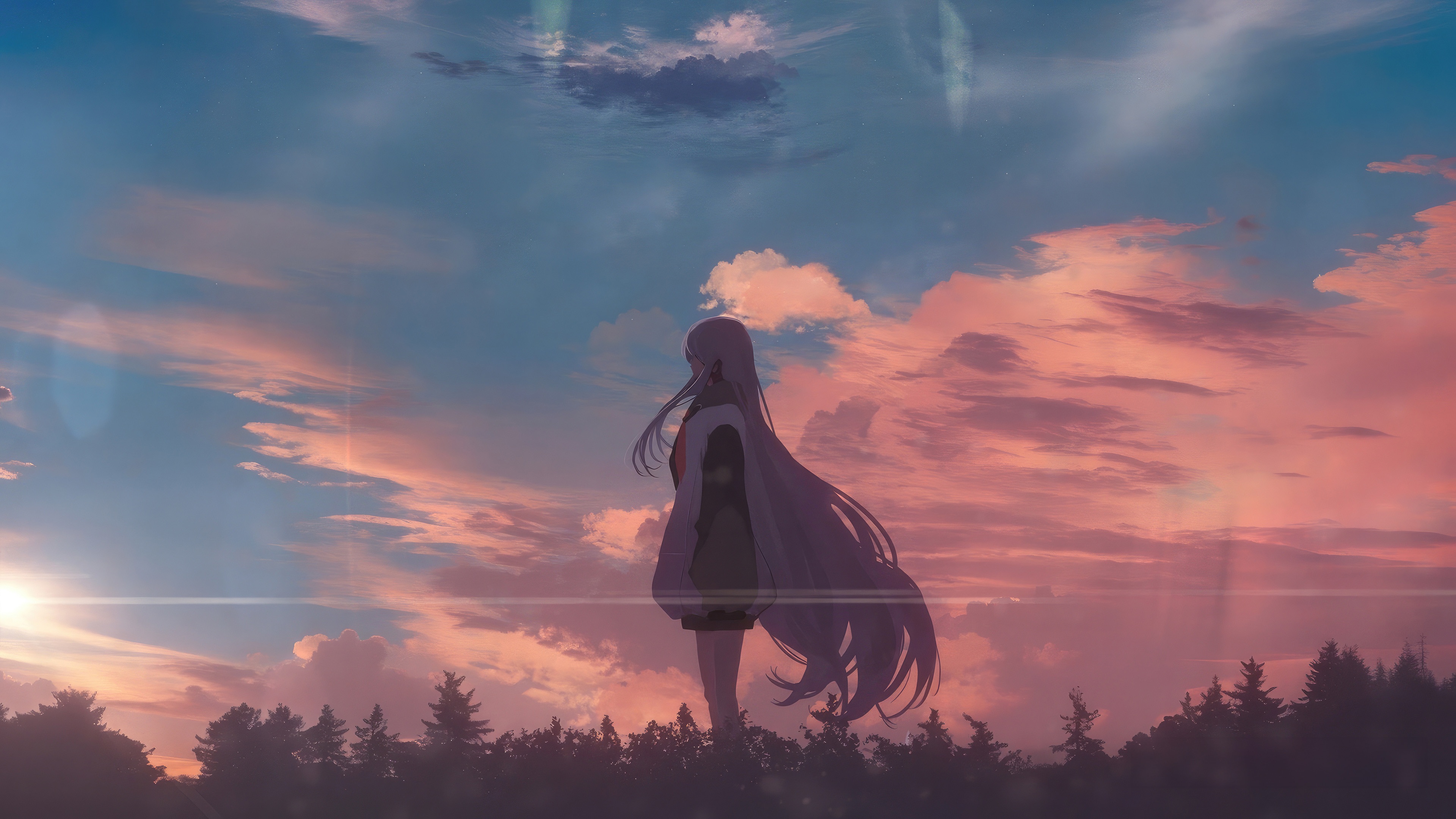 Girl with long hair looking at sunset sky HD Wallpaper